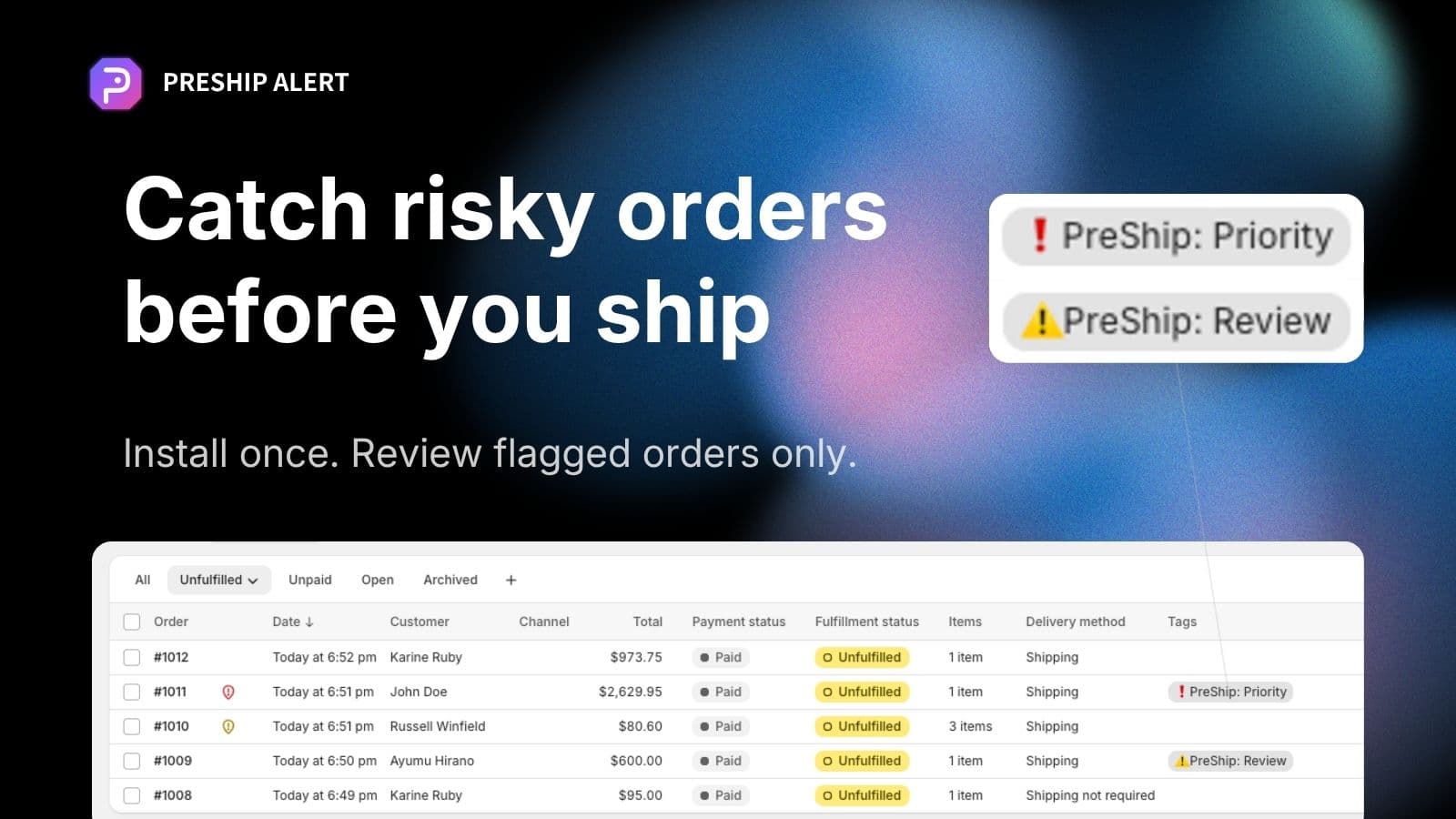 Shopify order list showing PreShip Alert tags for flagged orders
