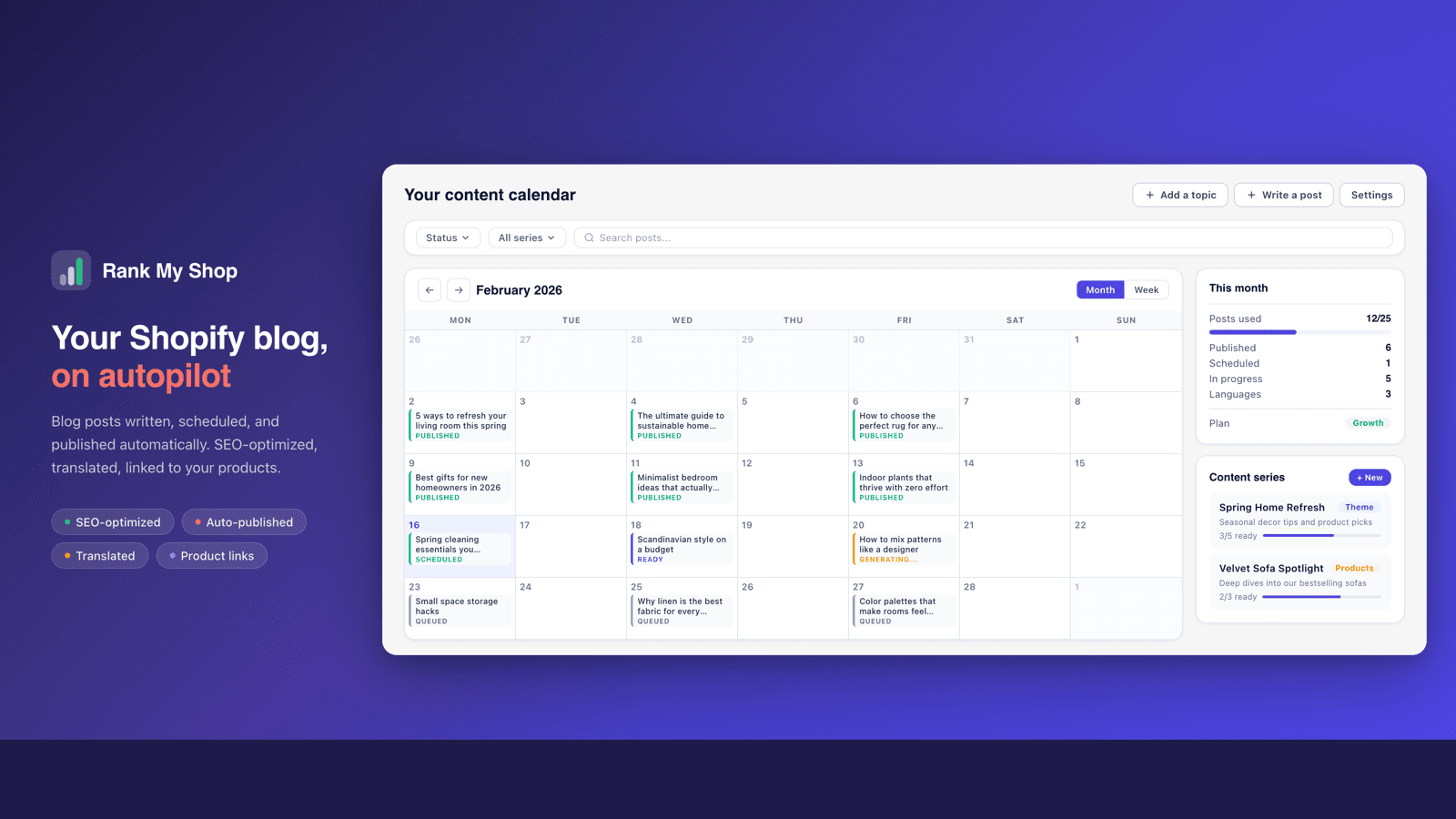 Content calendar showing blog posts across the month