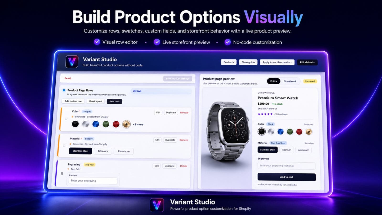 Variant configuration UI with live storefront preview side by si
