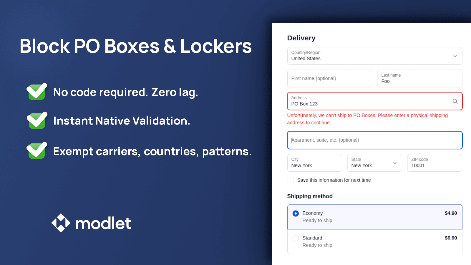 Screenshot of checkout with error message displayed under PO Box