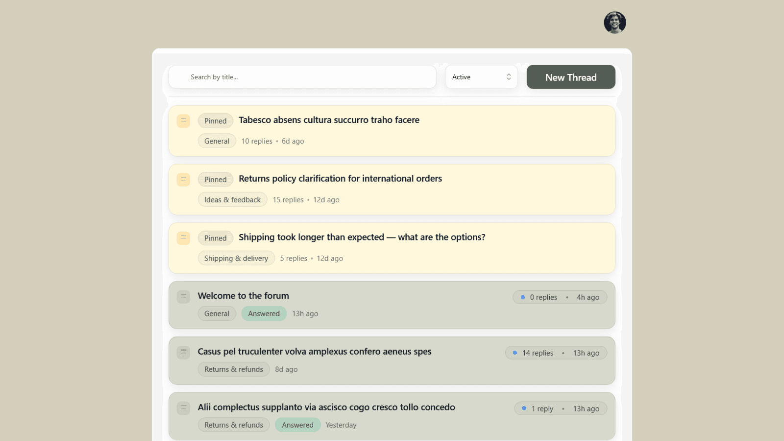 Forum threads list with pinned discussions and reply activity