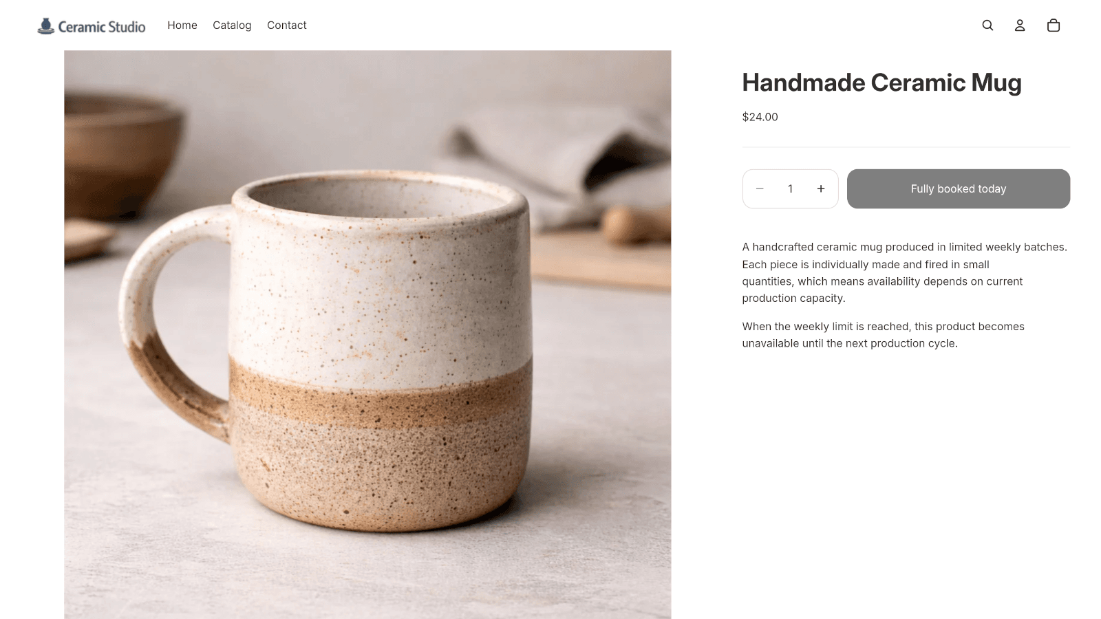 Product page showing a handmade mug marked as fully booked