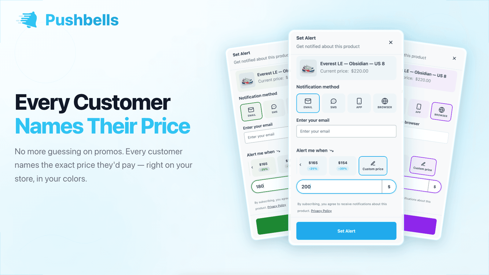 Shopper sets a target amount and picks email, SMS, app or push