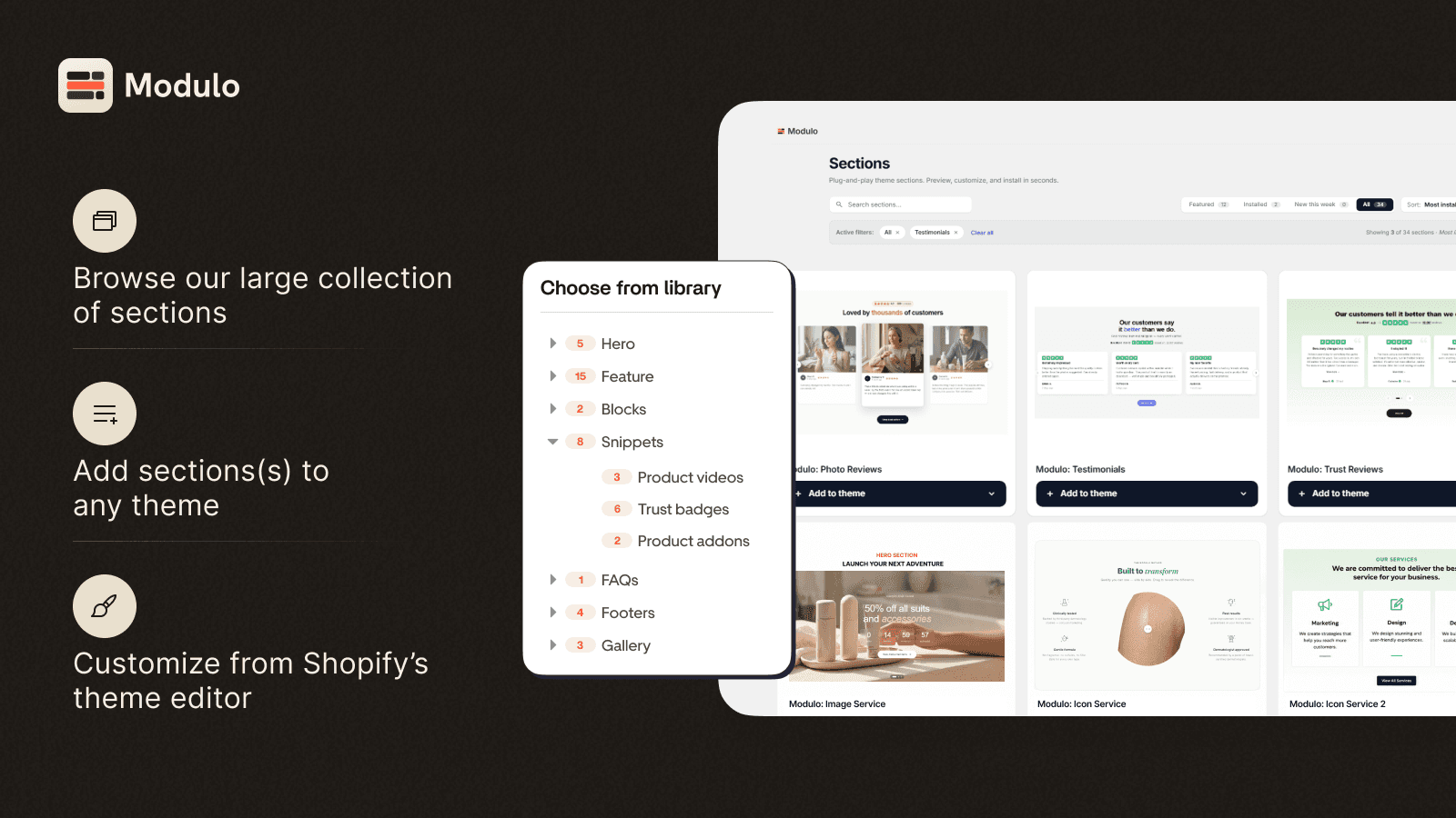 Browse, add, and customize Modulo theme sections