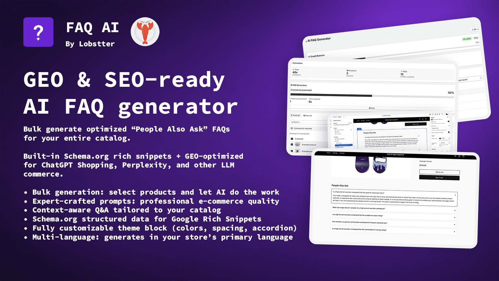 FAQ AI app dashboard with bulk generation and product page FAQ