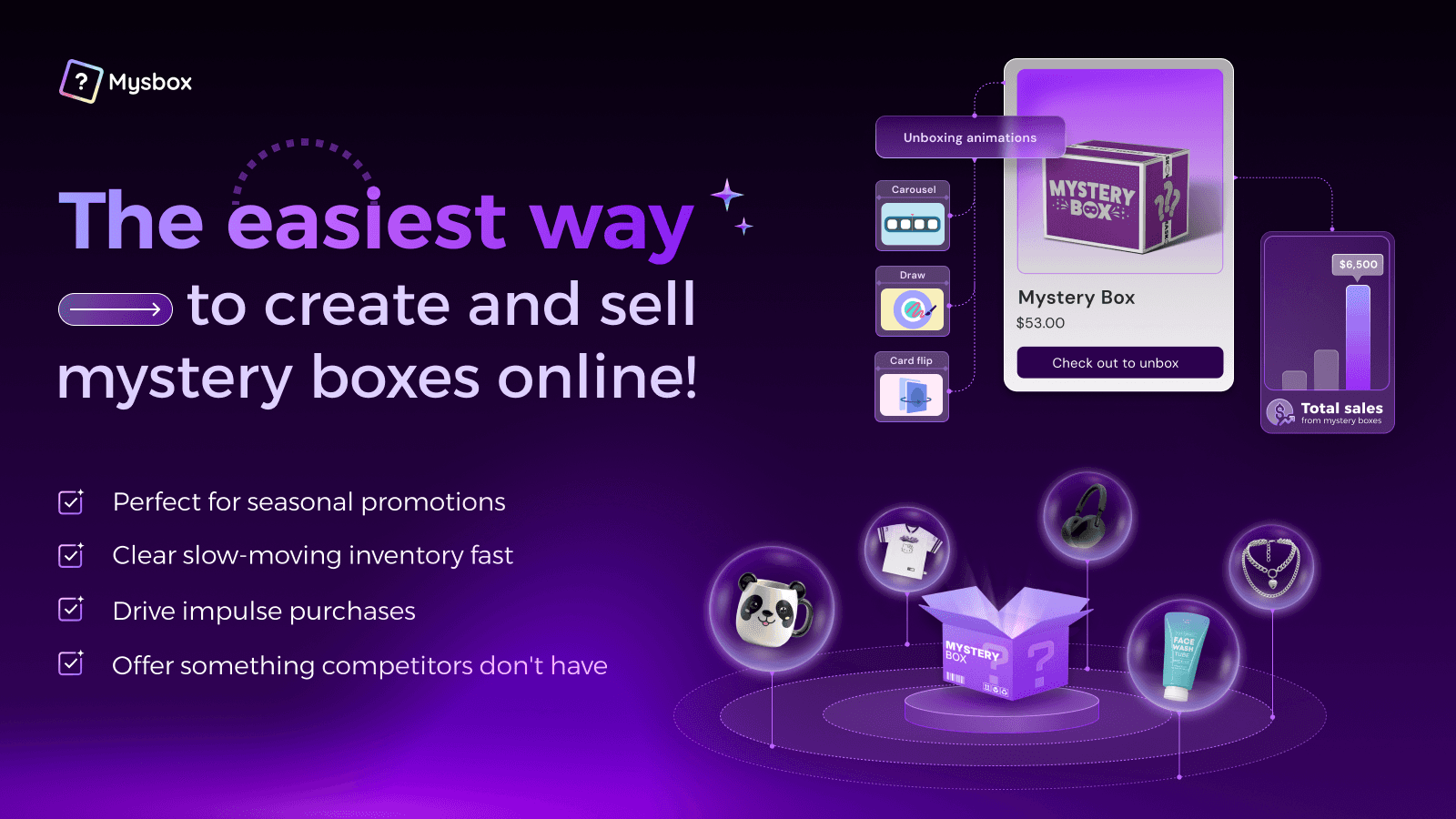 Mystery Box Builder app dashboard showing product selection