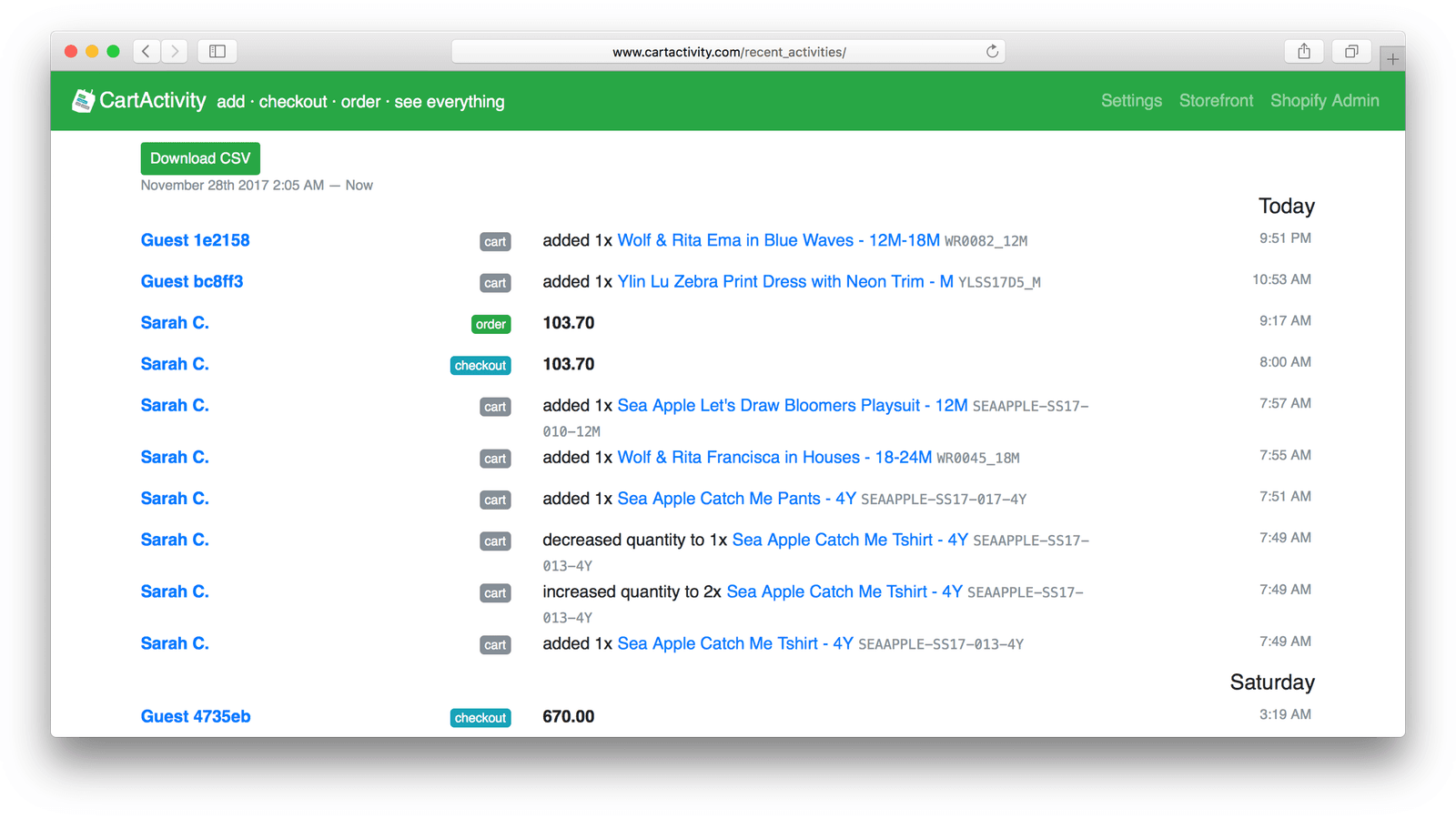 A newsfeed of your shoppers' cart activities!