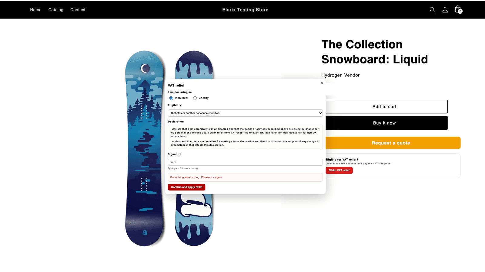VAT relief declaration form on a product page