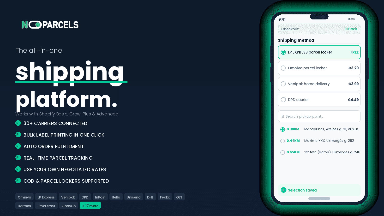 NoParcels multi-carrier shipping platform dashboard
