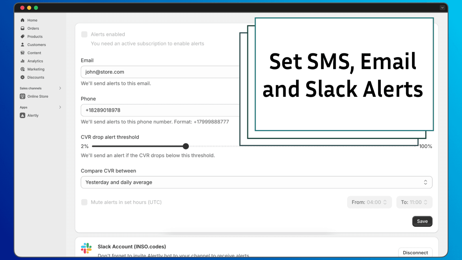 Email, SMS and Slack notifications settings