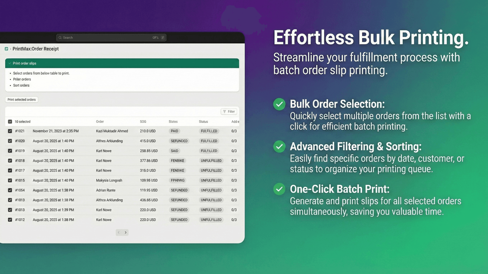 bulk order print and filter options