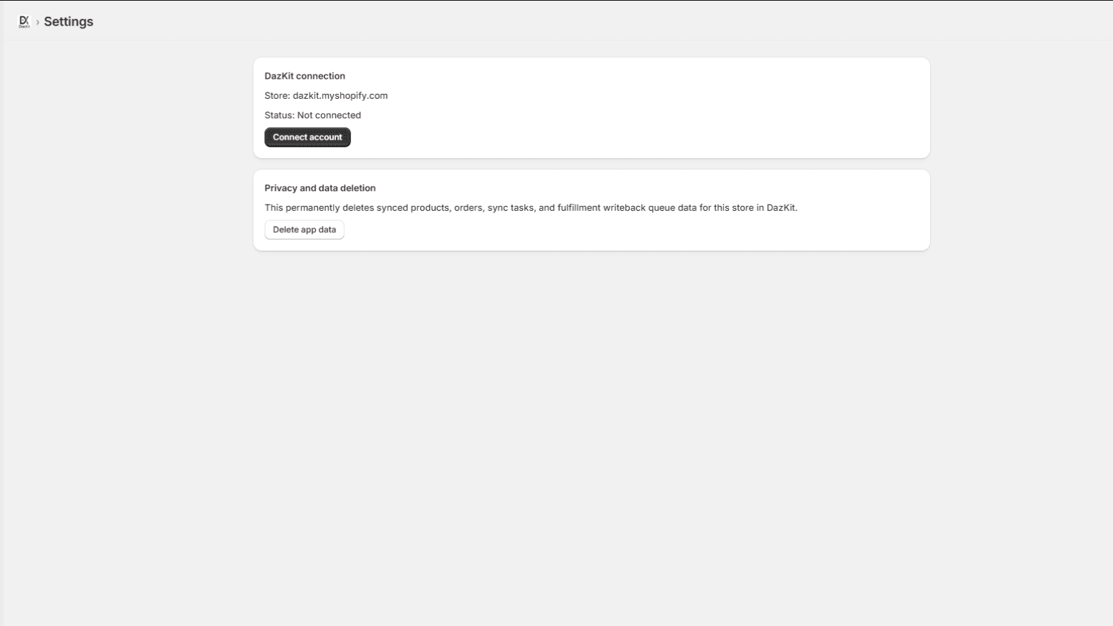 DazKit dashboard showing connection status, sync summary, and pr