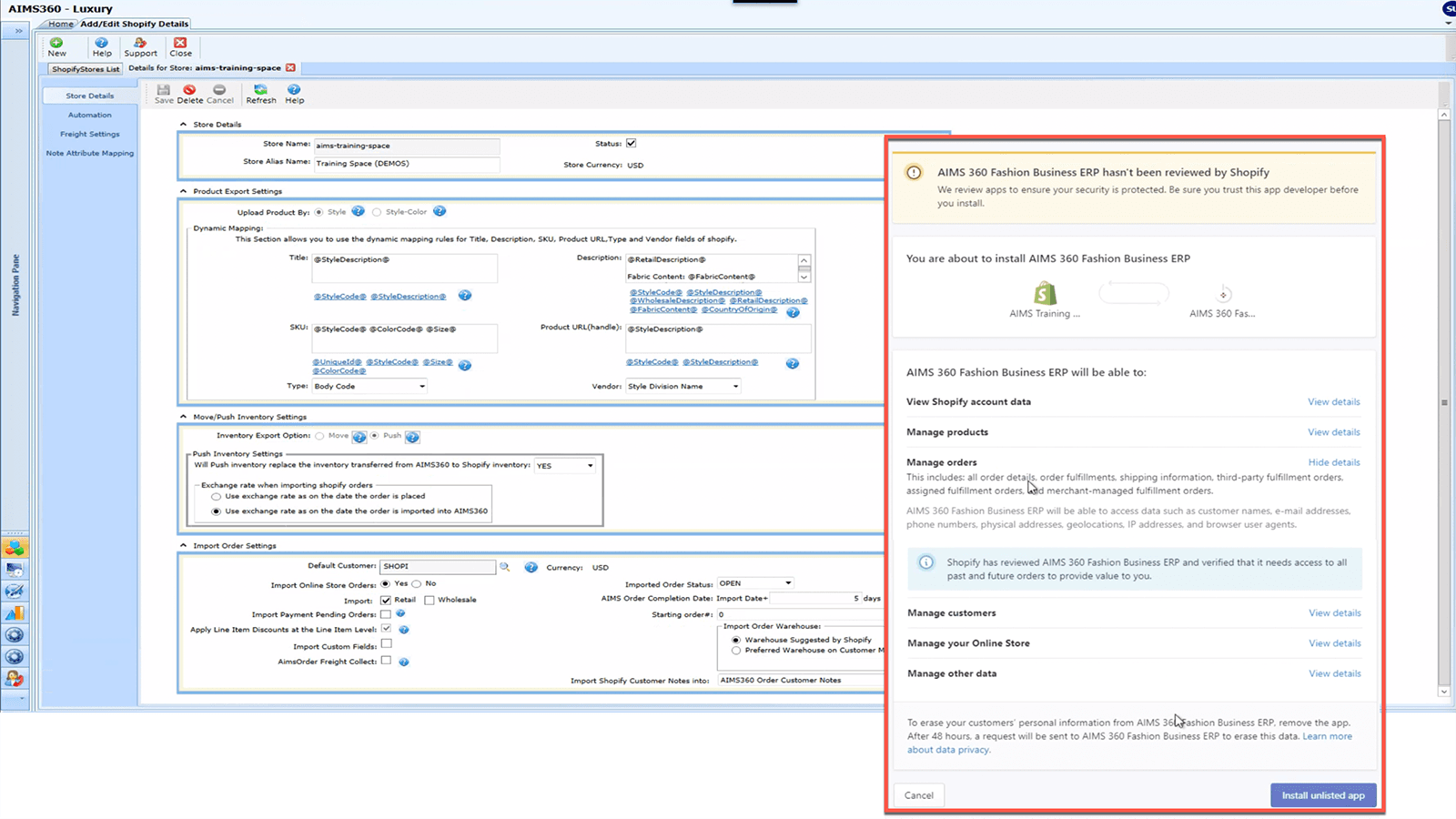 AIMS360 to Shopify Connection