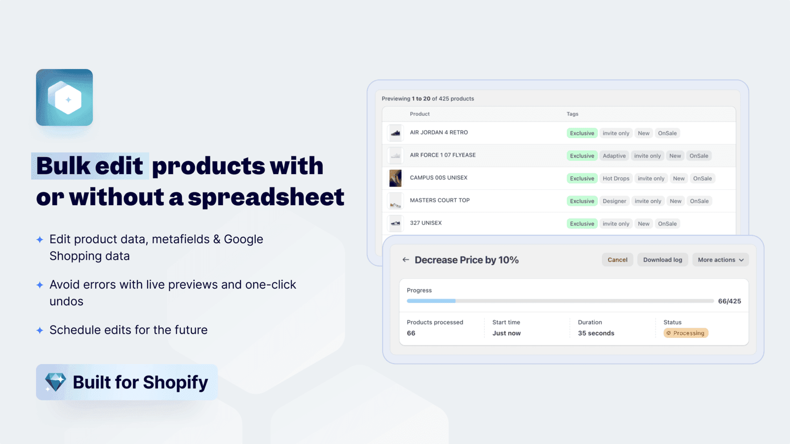 Shopify bulk editor for products in-app or with a spreadsheet