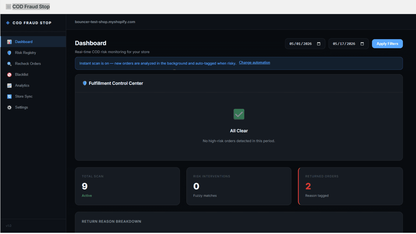 Dashboard with order scan stats and fulfillment center