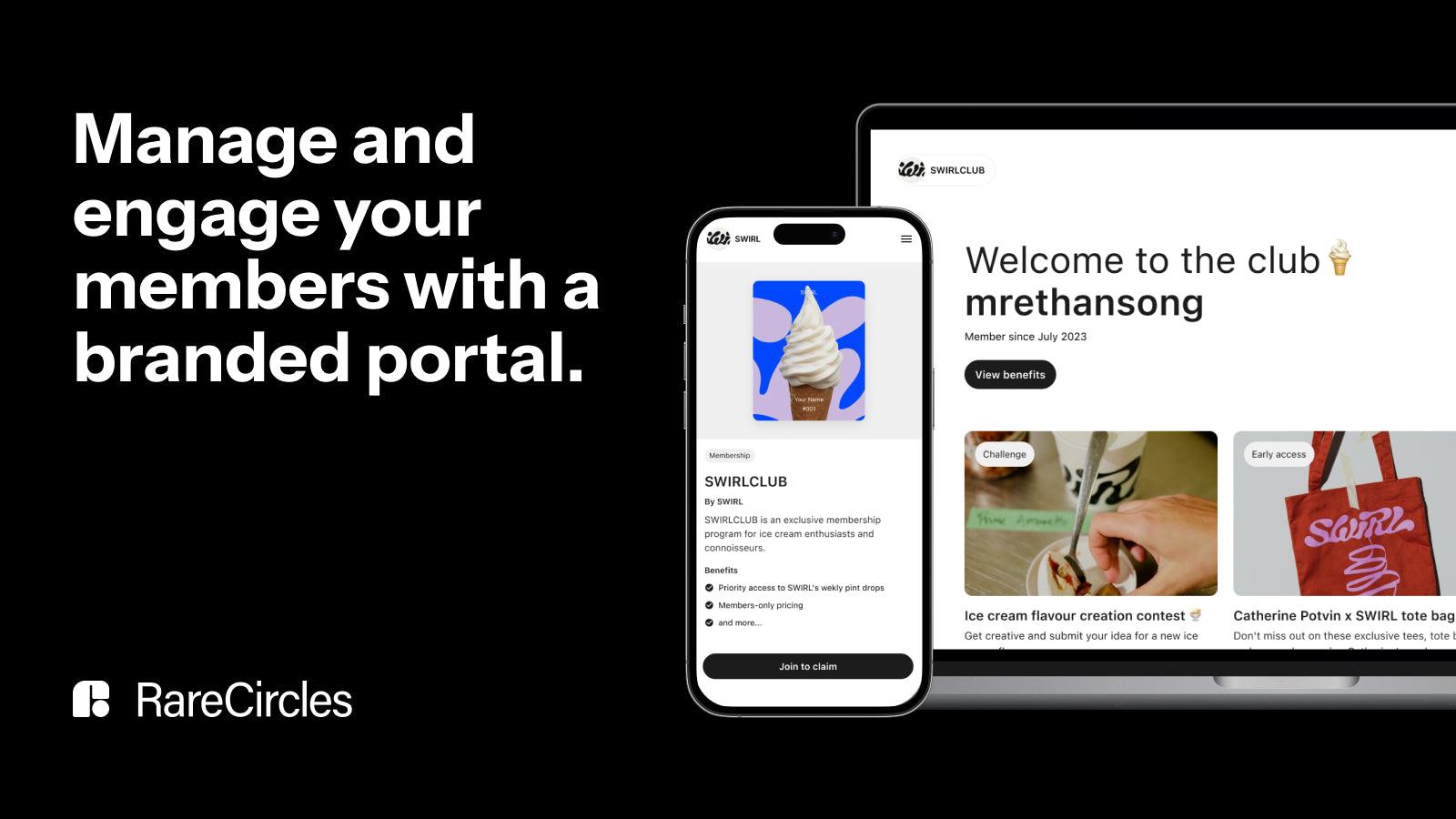 A screenshot of a Swirl Ice Cream branded members portal.
