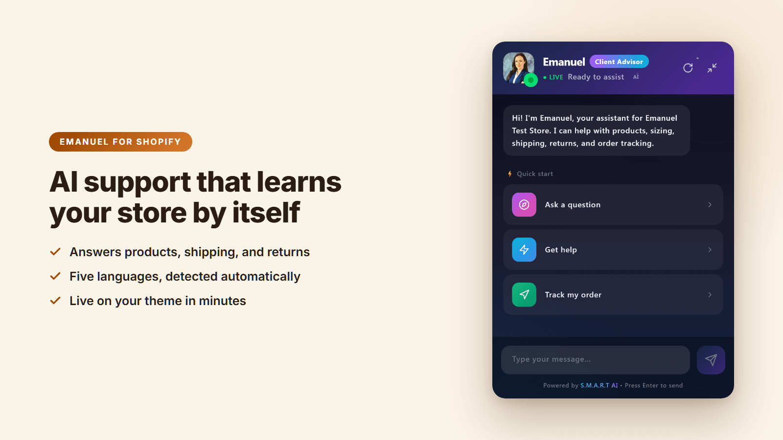 Emanuel AI chat answering shipping and return questions