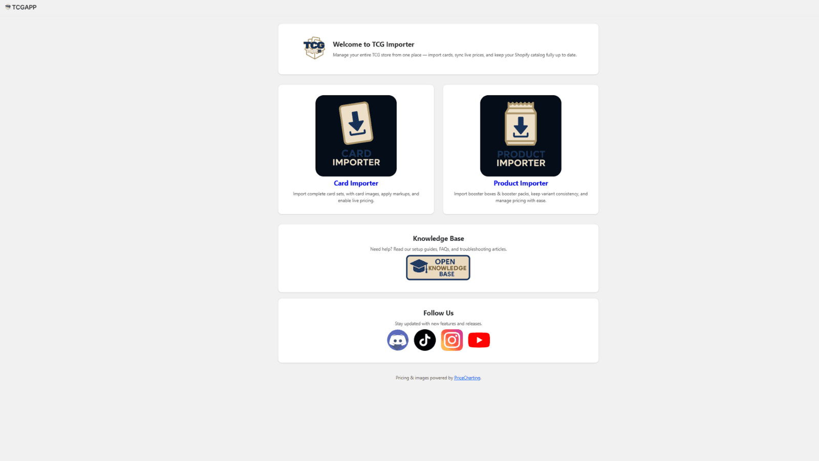 Home Page for the TCG Importer Application