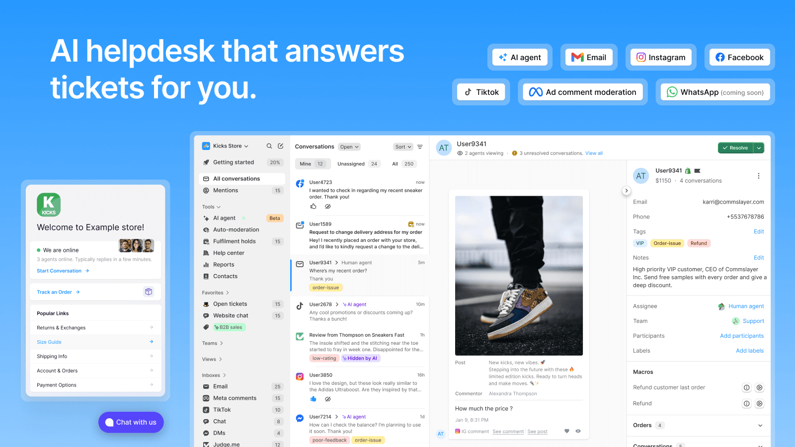 Helpdesk & chat inbox with an AI agent
