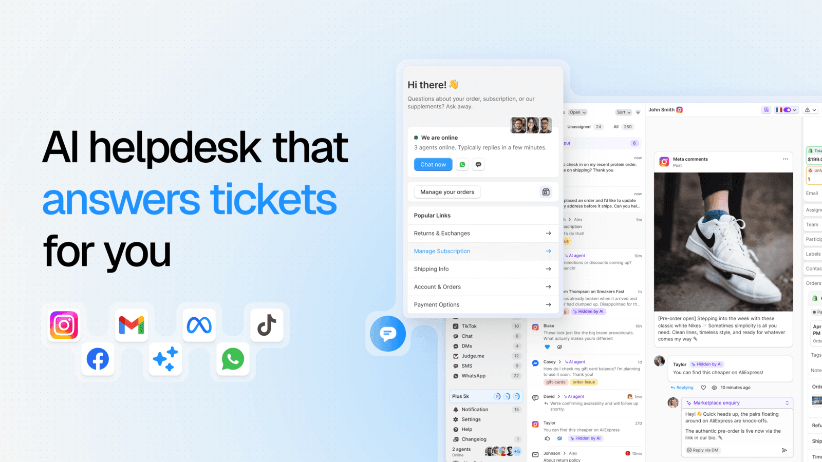 Support helpdesk & chat inbox with an AI agent