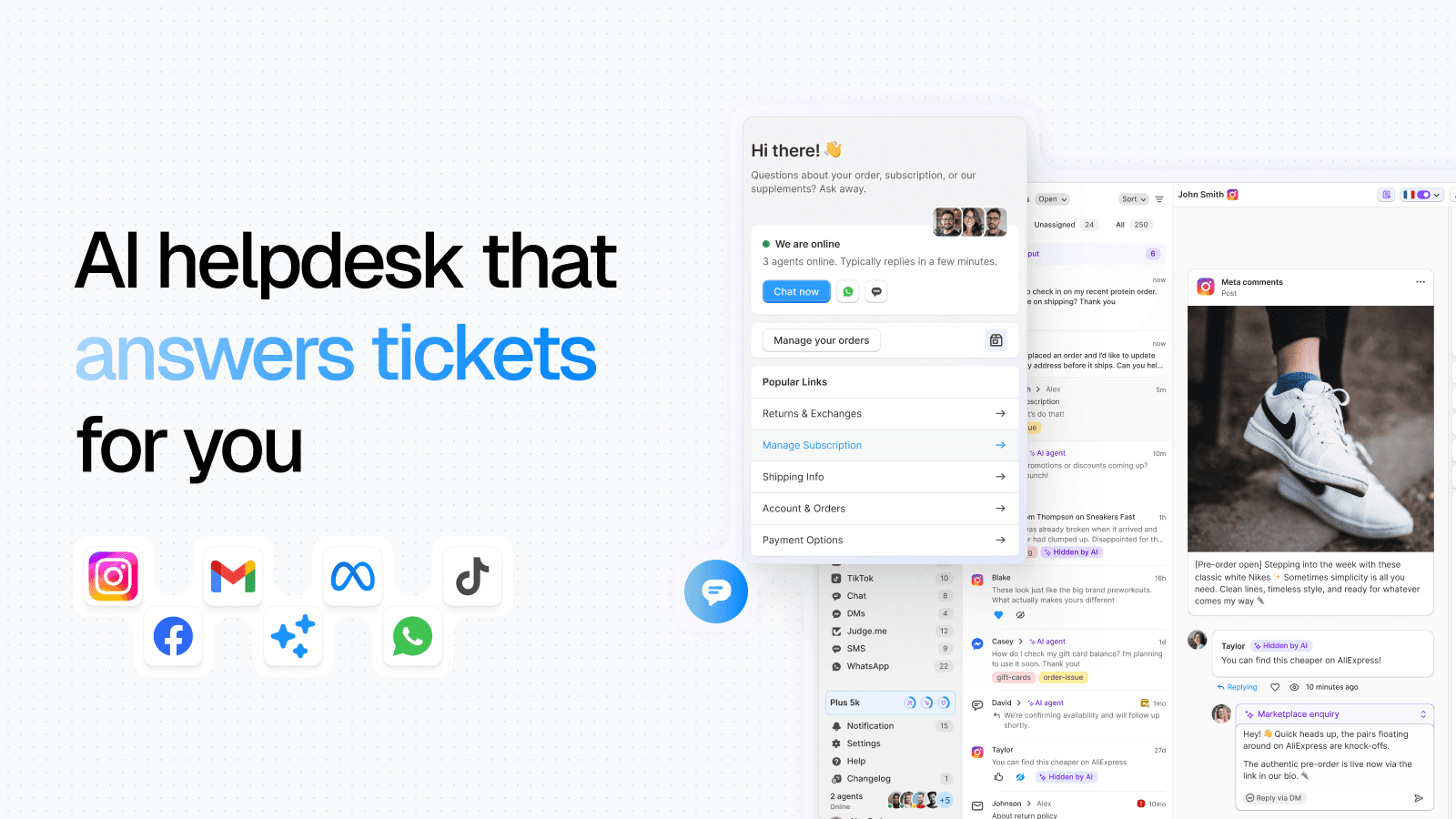 Support helpdesk & chat inbox with an AI agent