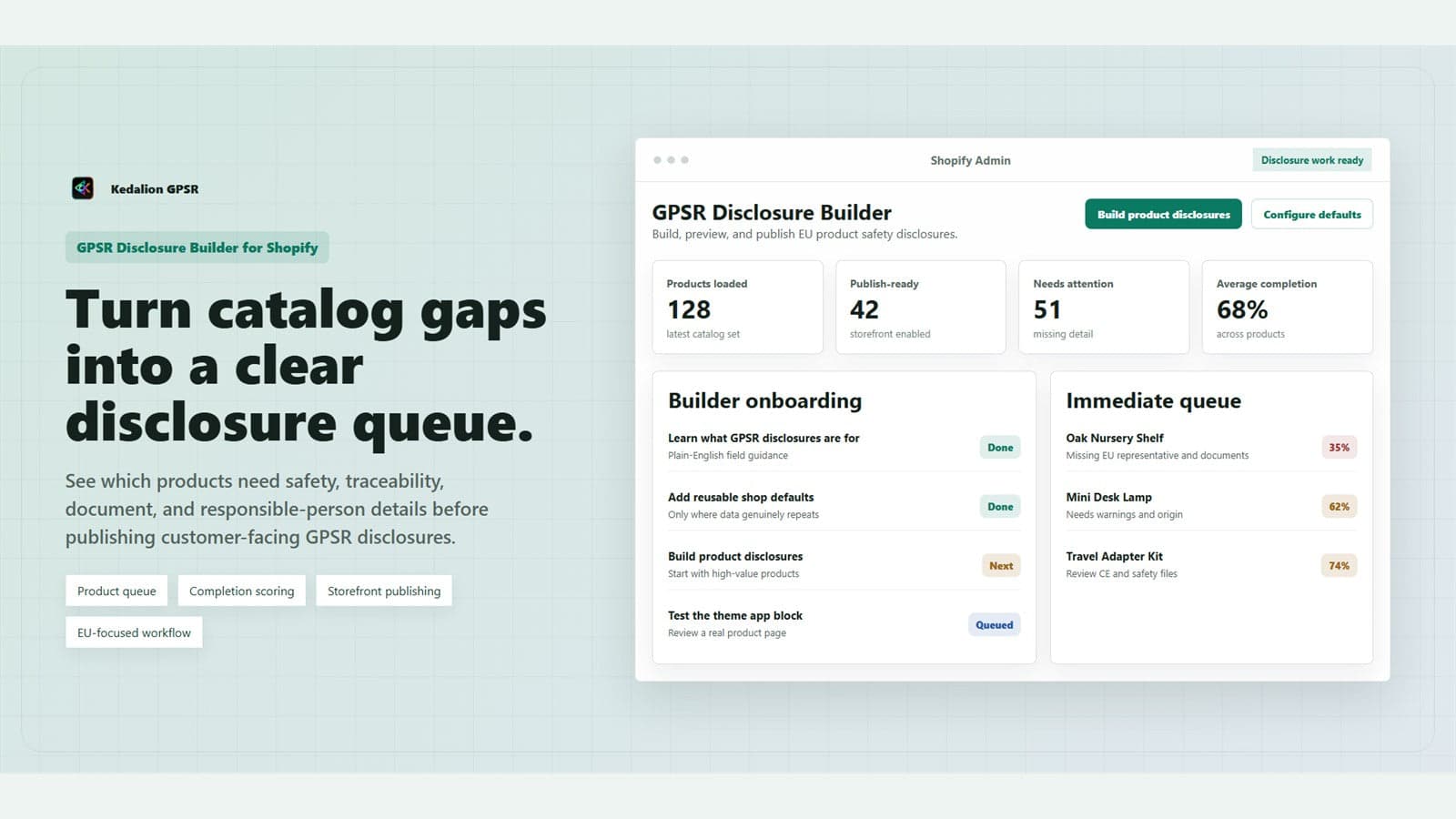 GPSR disclosure dashboard and product queue