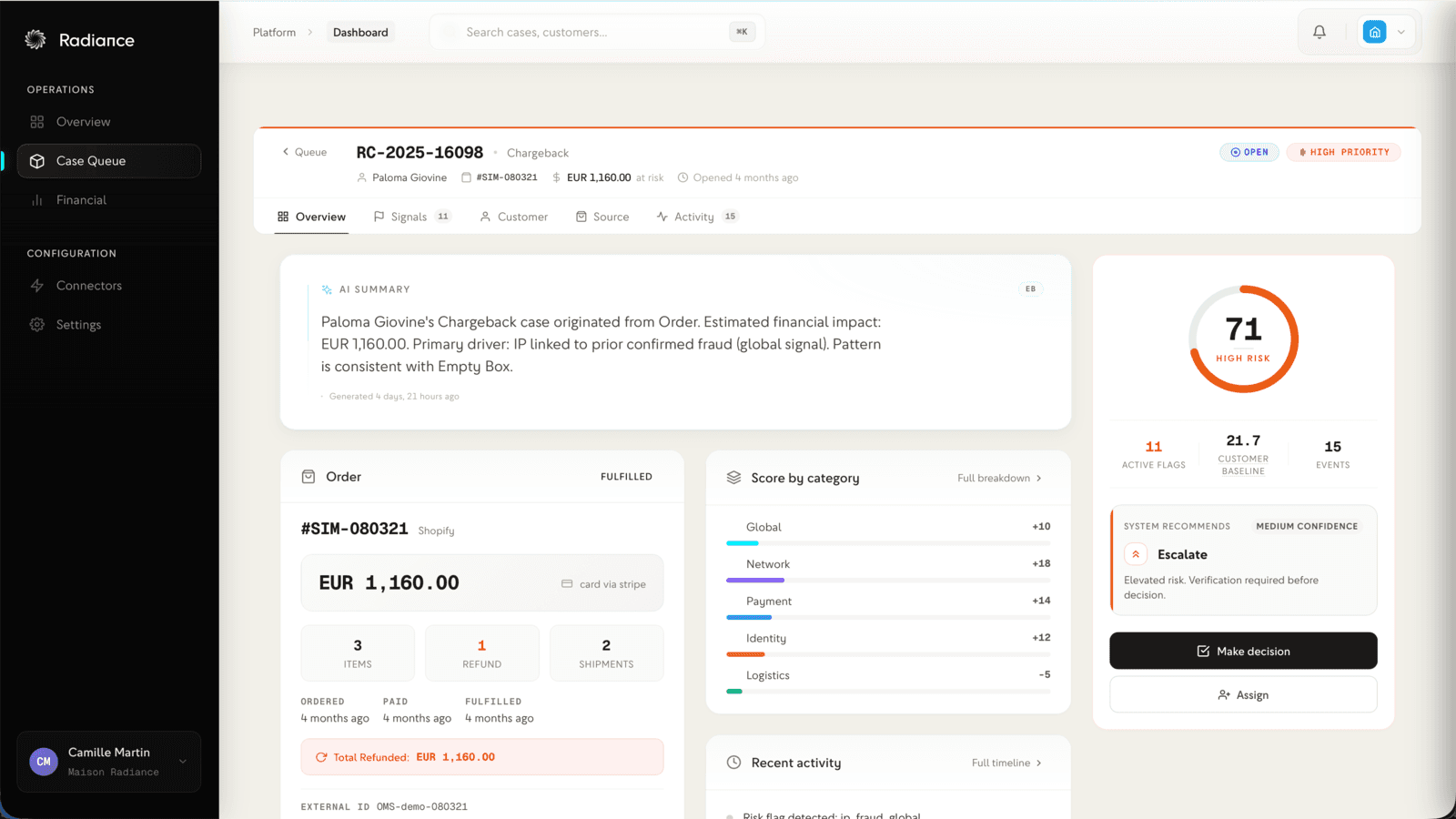 Radiance Case detail dashboard with fraud insights
