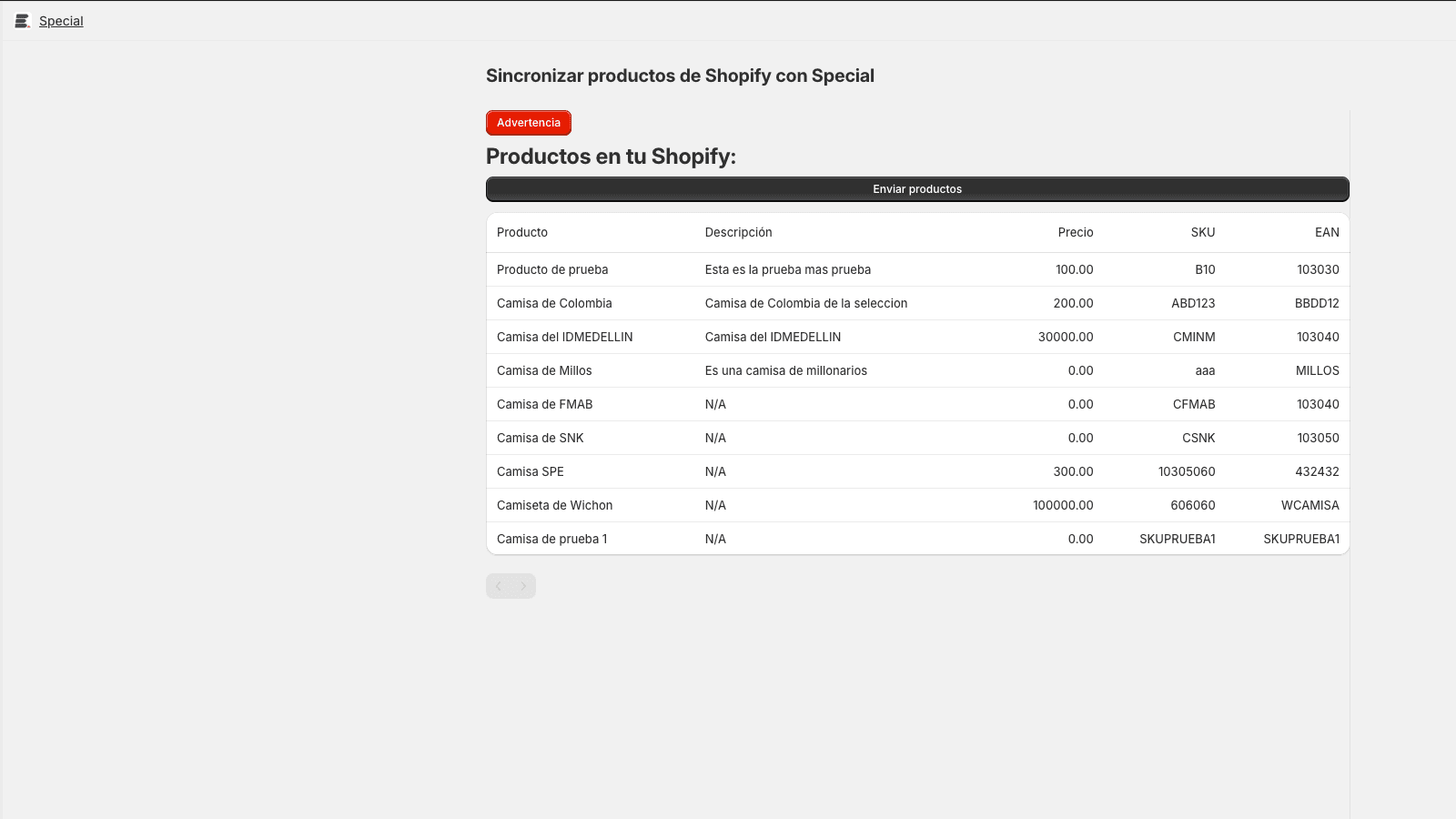 Lista de productos para enviar a Special.