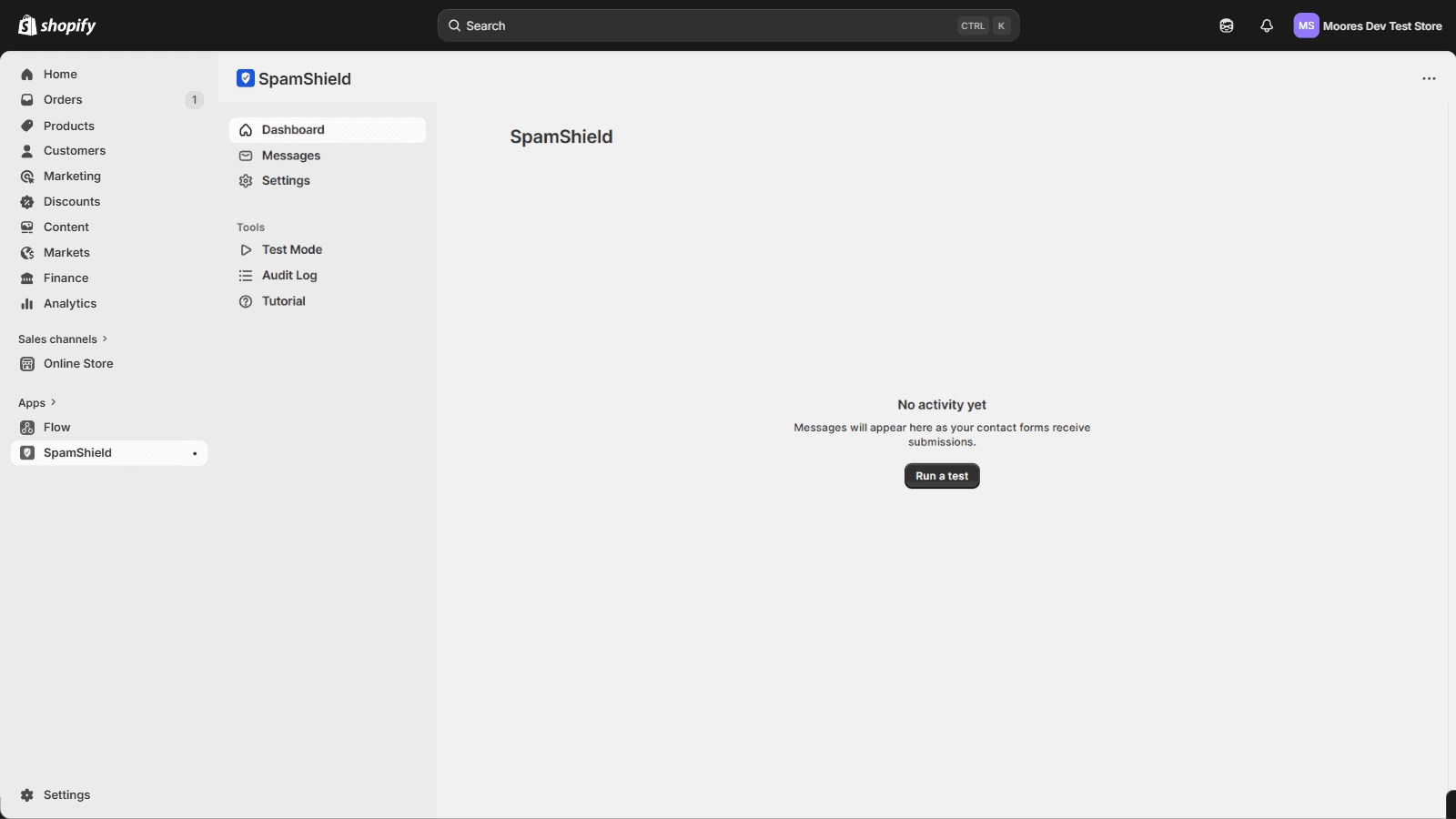 SpamShield dashboard with blocked spam count and trend charts