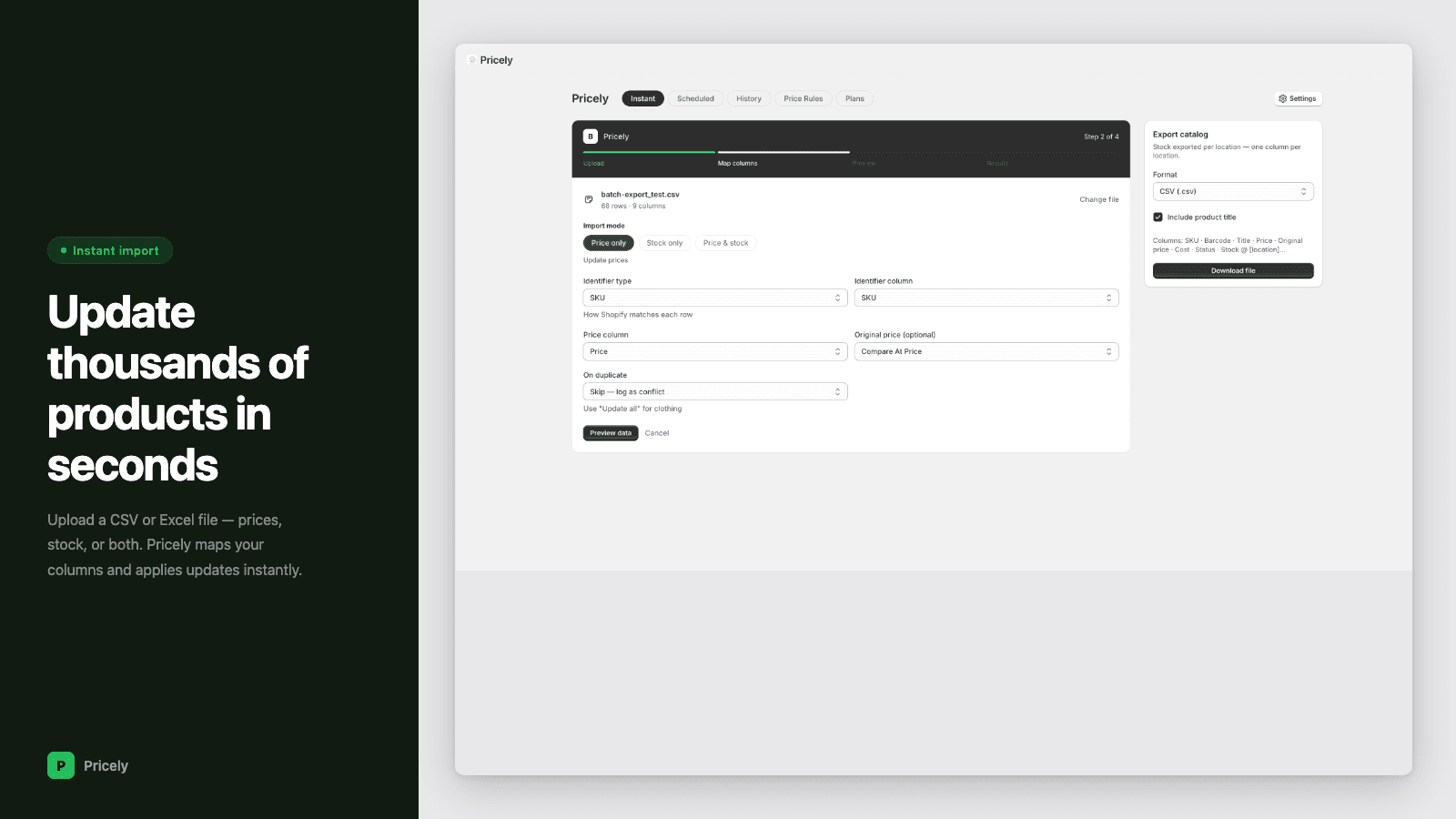 CSV price & stock import with column mapping