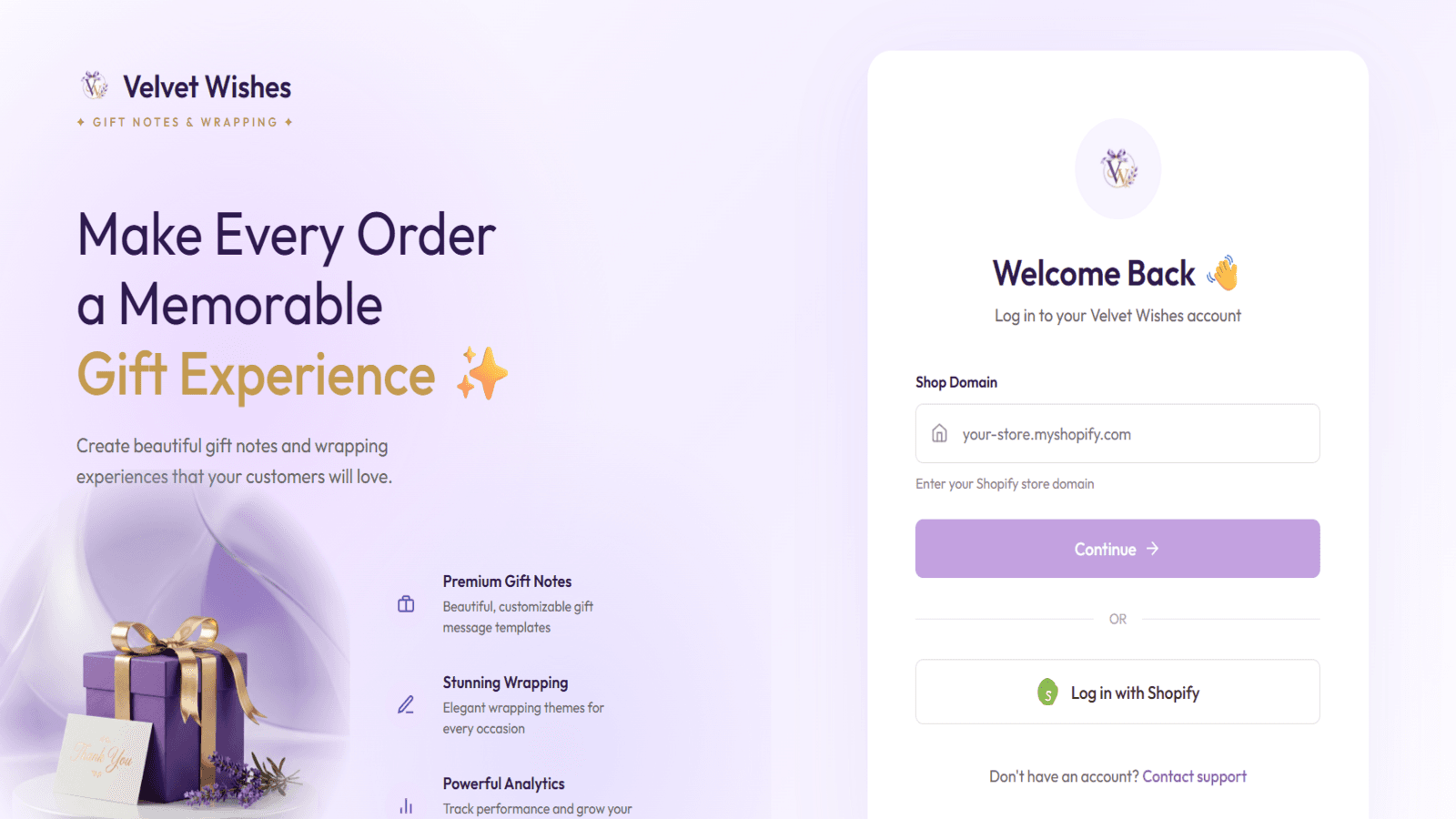 Velvet Wishes login page for Shopify merchants