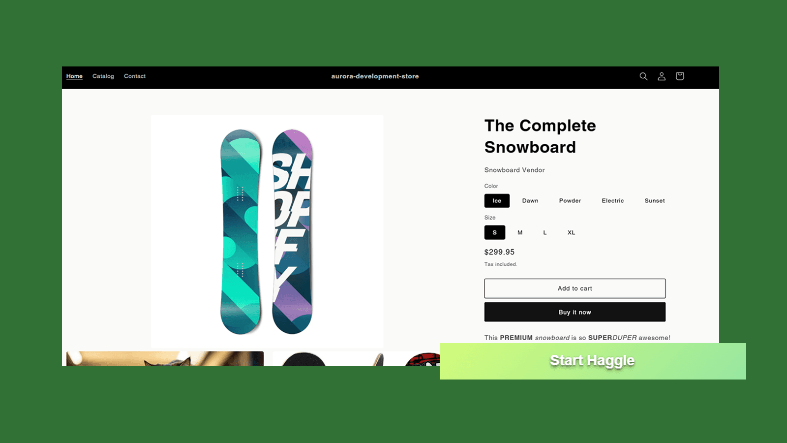A Shopify product page with a "Start Haggle" negotiation button.