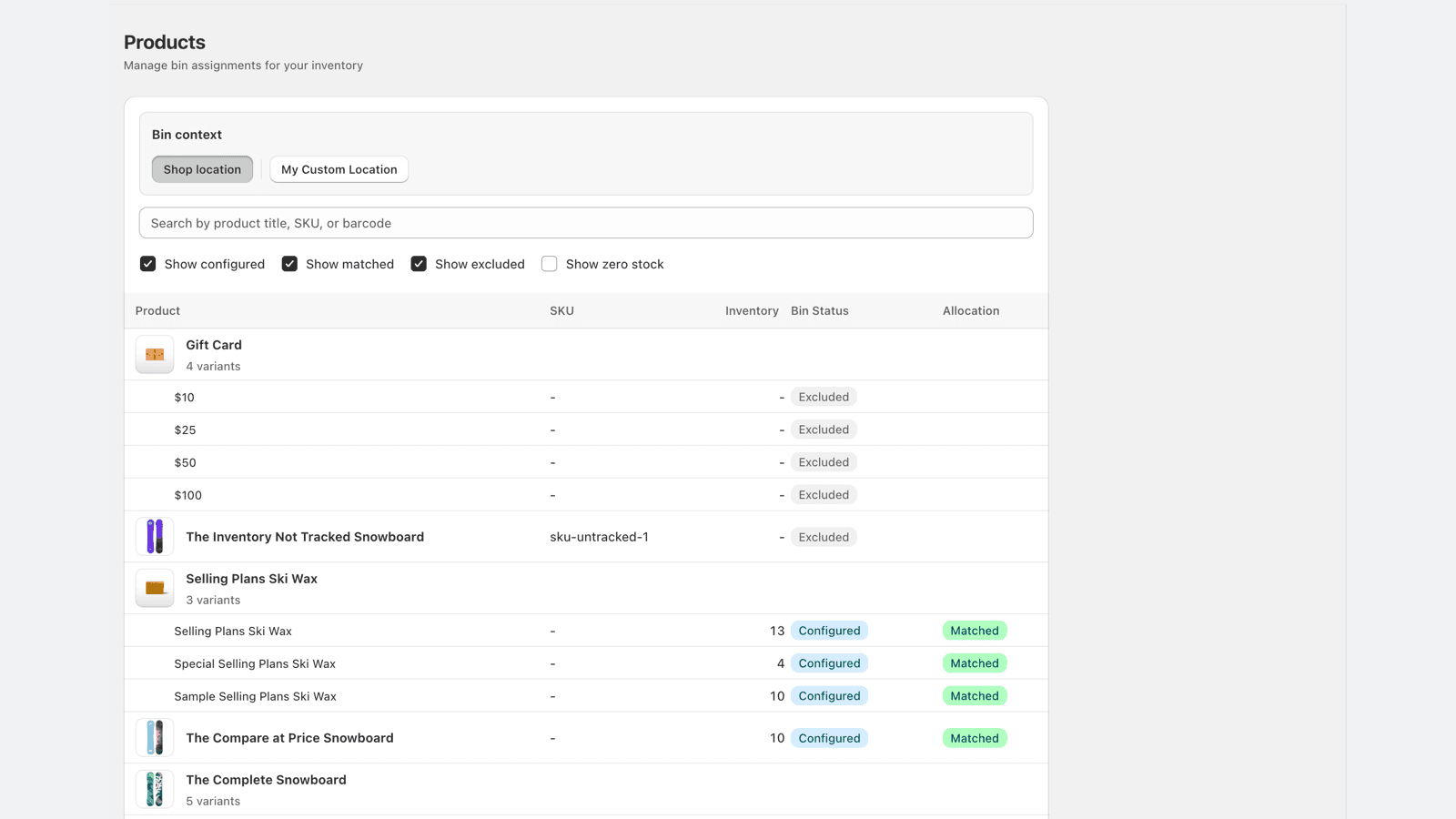 Products page with SKU, inventory and bin status columns