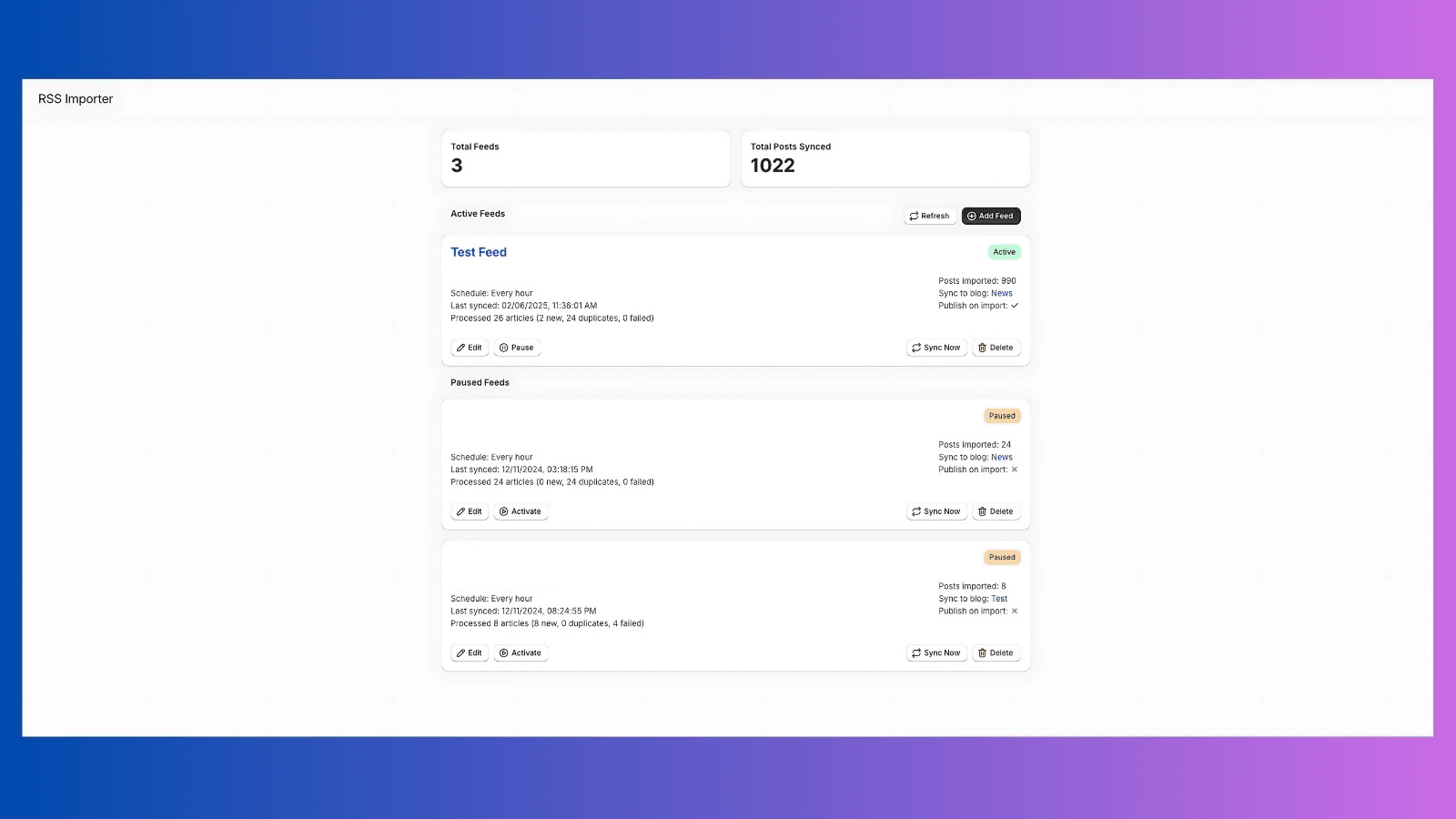 BlogFeeder RSS Importer App Demo