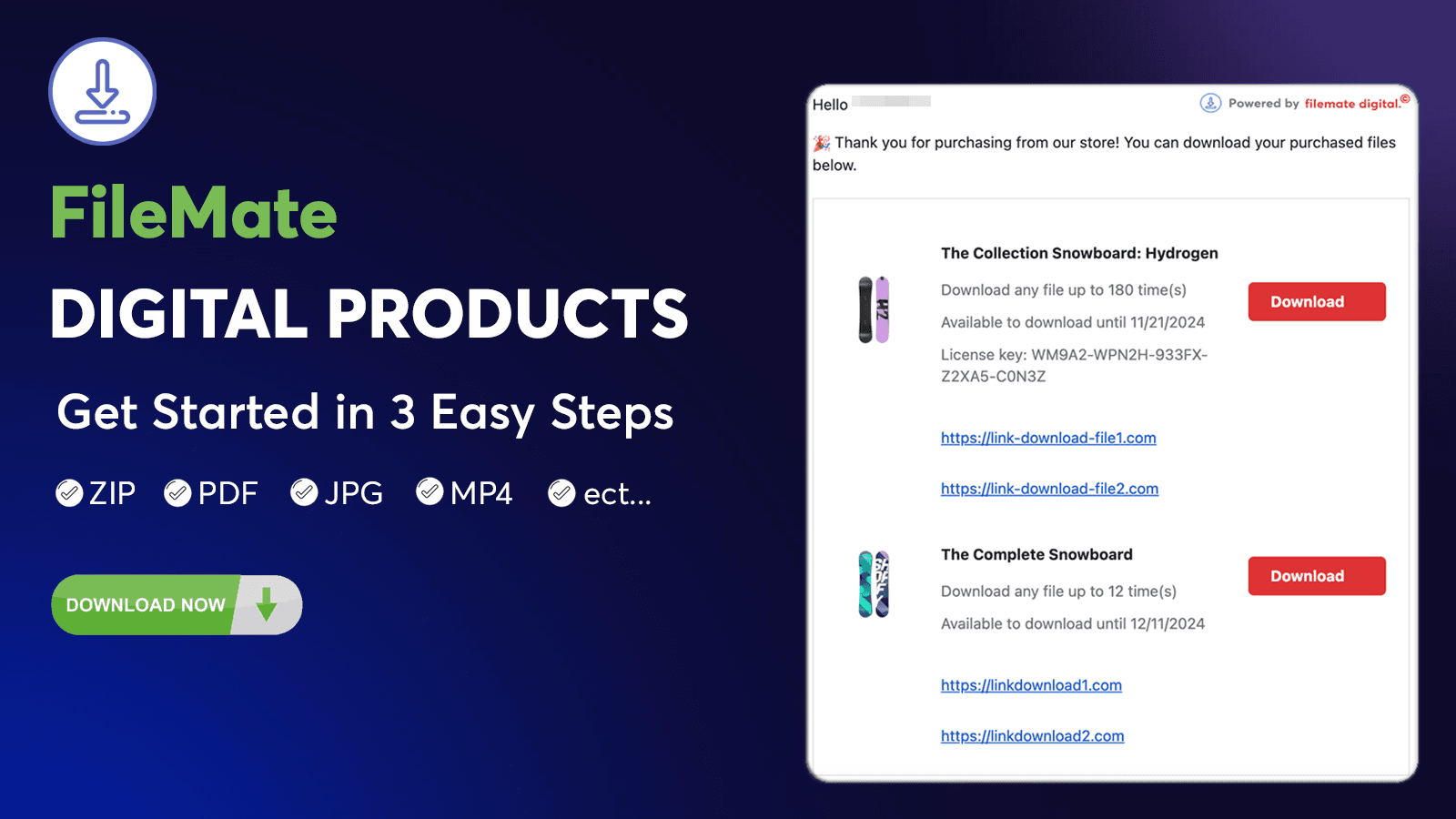 Digital downloads products use license keys, files