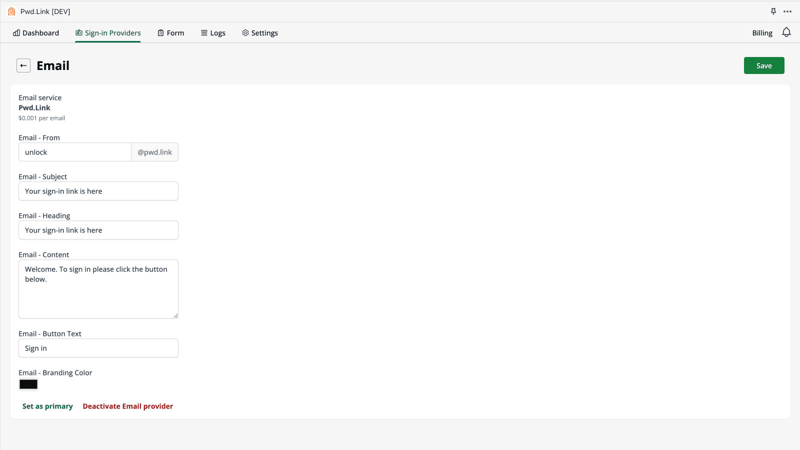 You can edit provider info for Email and SMS
