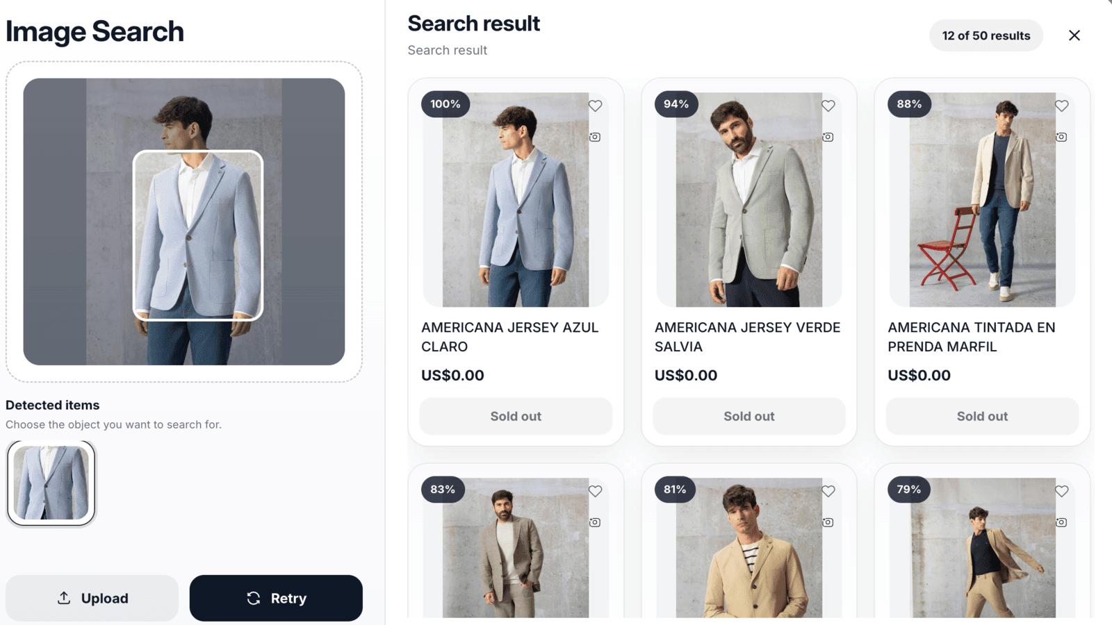 Visual search demo showing a blazer image matched to similar pro