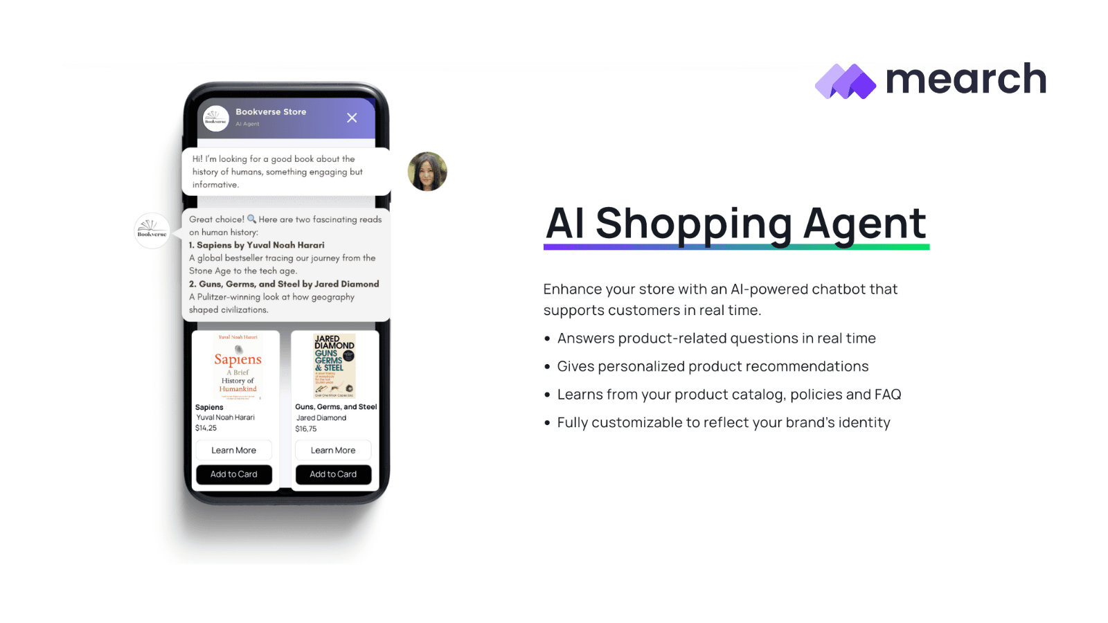 AI chatbot recommending products on a Shopify store screen.