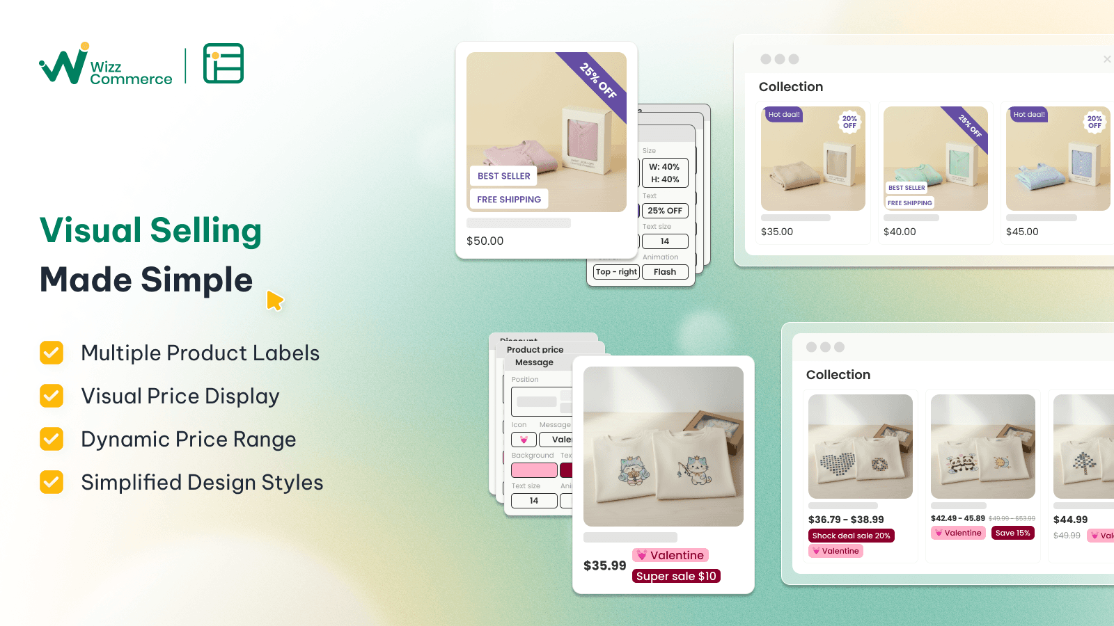 Product label, Price badge, Compare at price, Price range