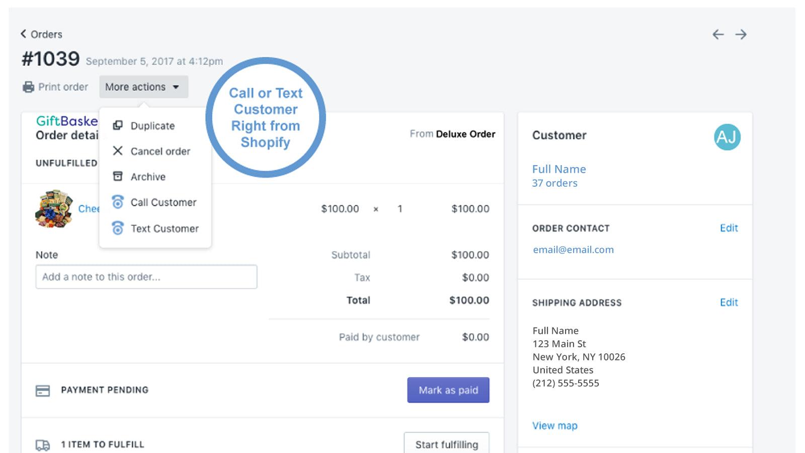 call or text from Shopify