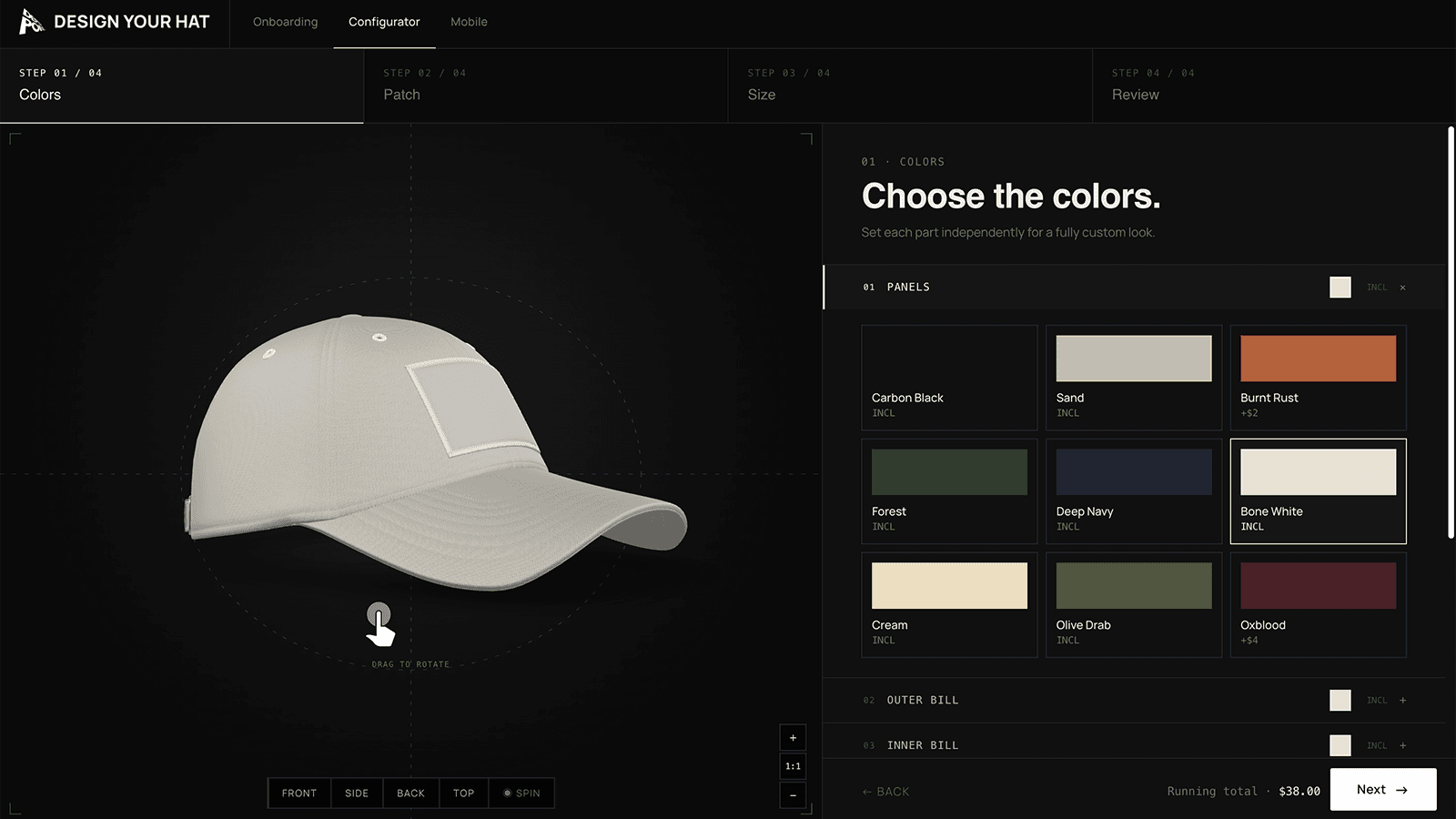 3D hat configurator color picker with swatches for each part