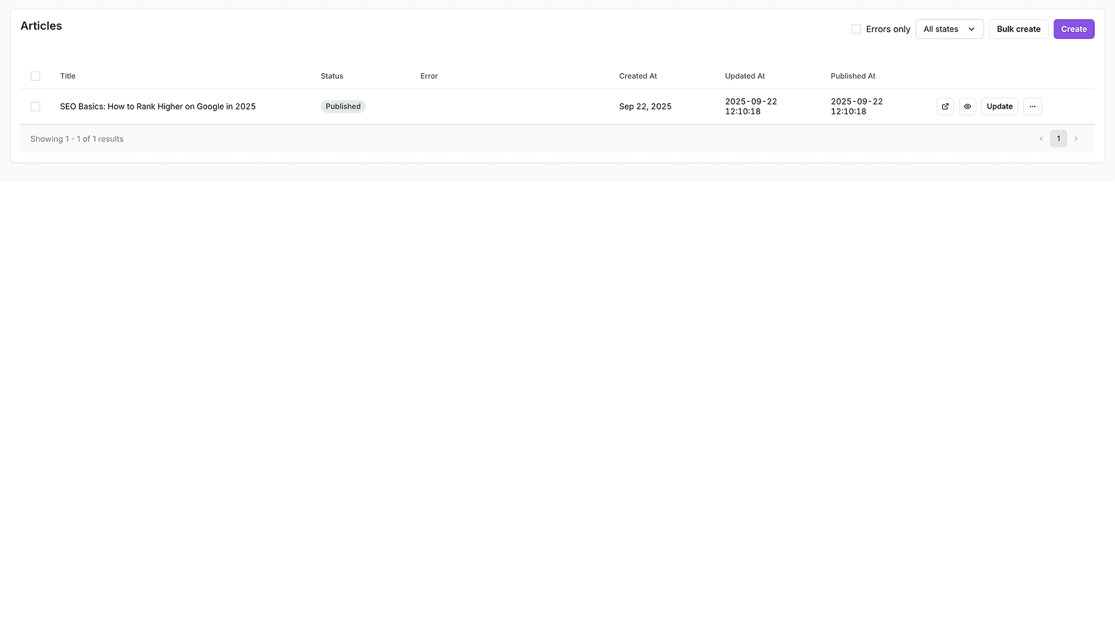Rank.ai artice list dashboard
