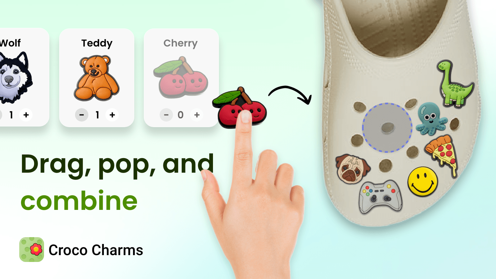 Drag, pop, and combine charms on clog-style footwear