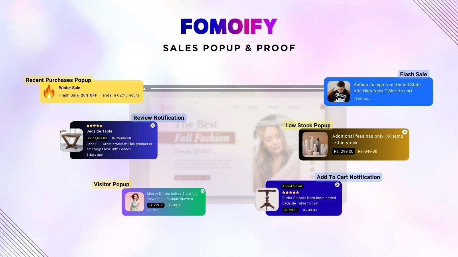 Fomoify sales popup with FOMO, low stock & purchase notification