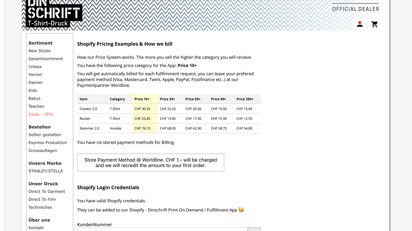 In In Dinschrift open the Shopify Credentials from your Login