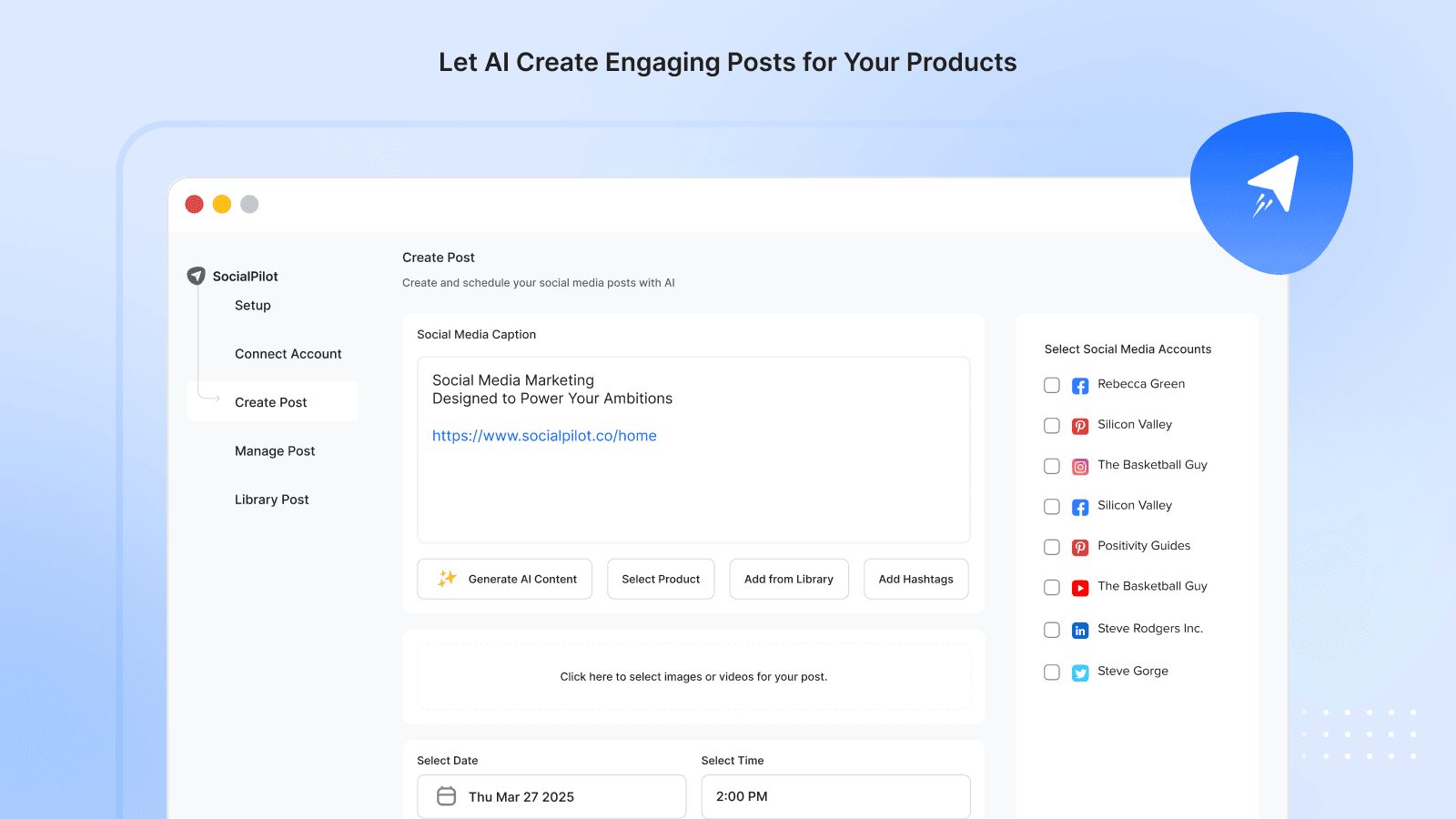 Create and schedule posts using AI-generated content.