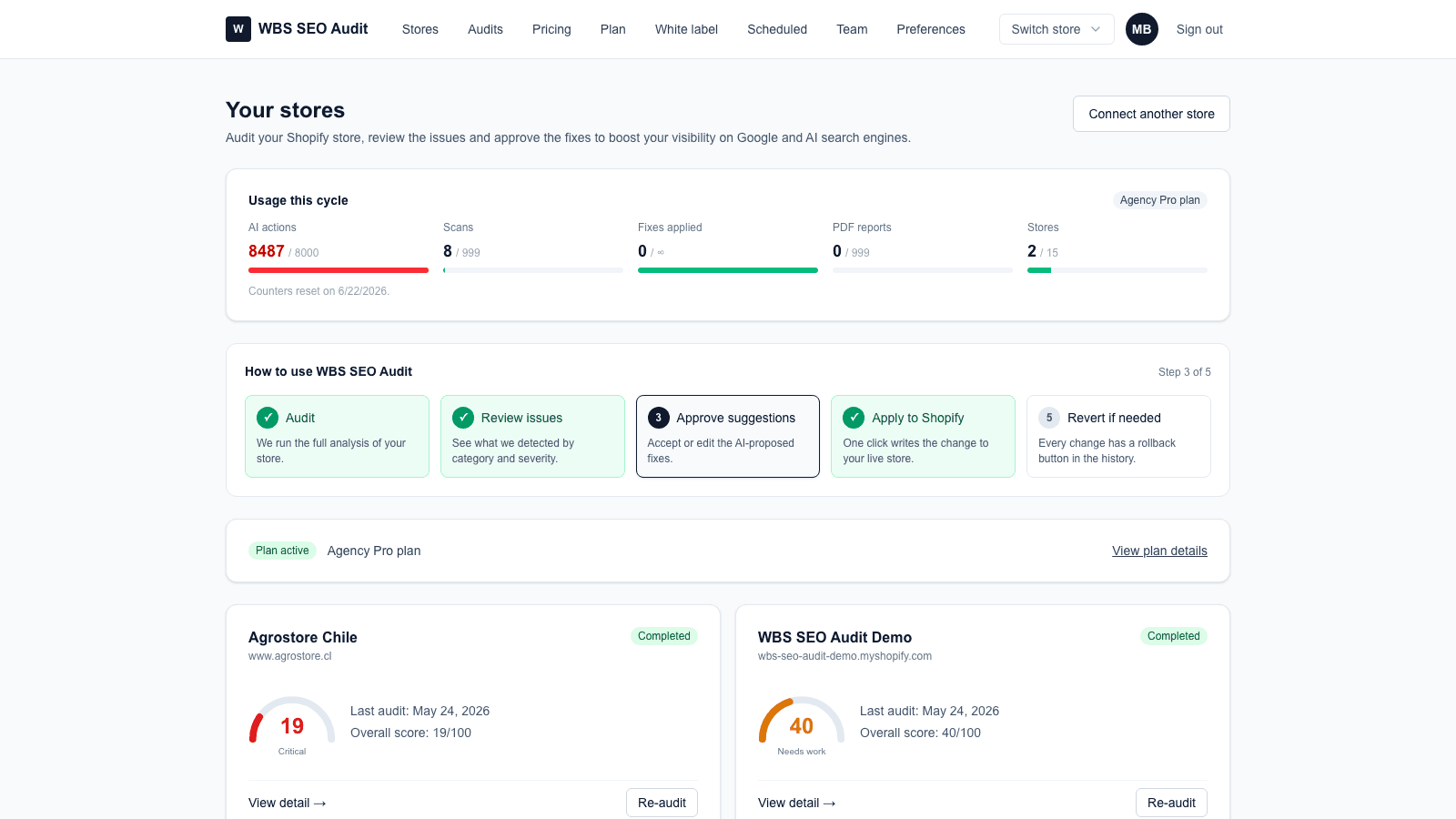 Dashboard with shop list, usage counters and 5-step guide