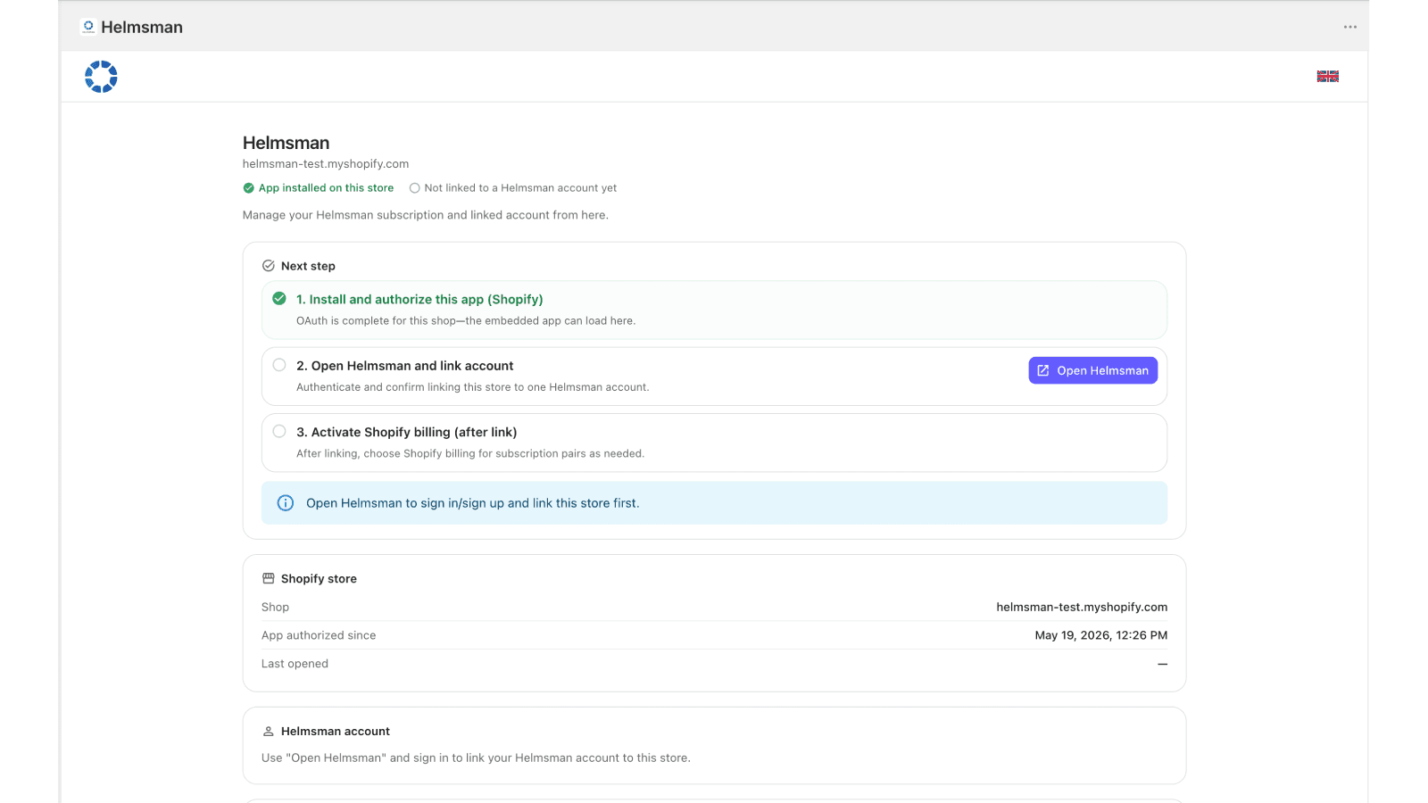 Helmsman in Shopify admin: install done, link account steps