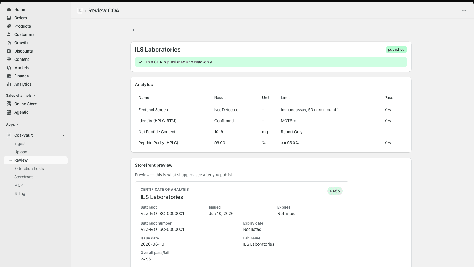 AI-parsed lab COA: fields, confidence scores, and analytes