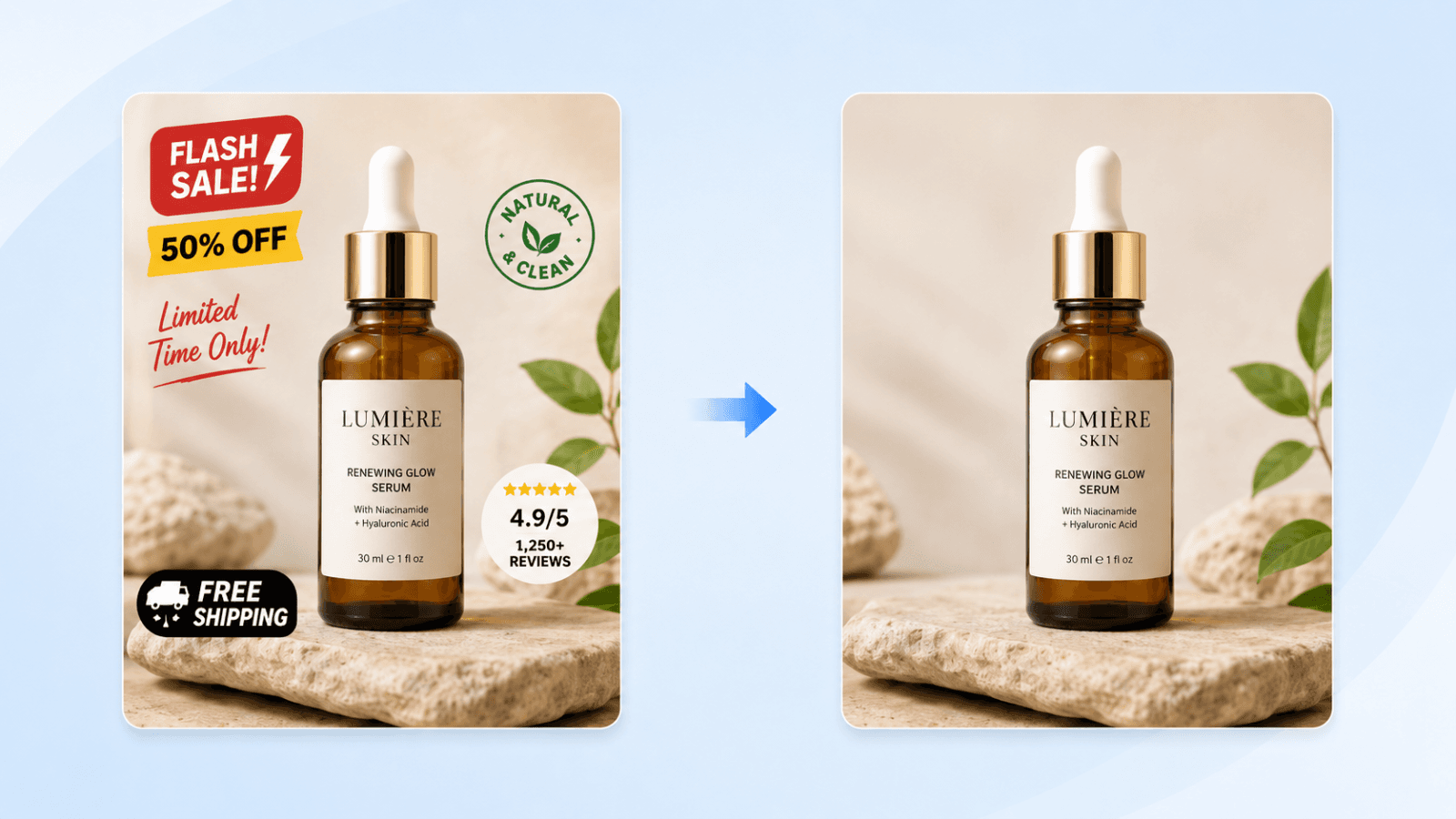 Product photo before and after text removal